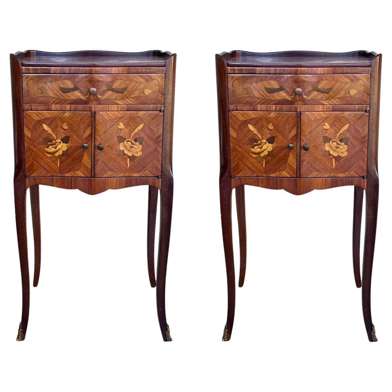 Early 20th Century French Bedside Tables or Nightstands in Marquetry and Bronze