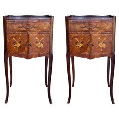 Antique Early 20th Century French Bedside Tables or Nightstands in Marquetry and Bronze