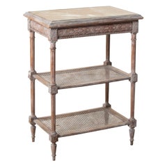 Tavolino in Wood francese dell'inizio del XX secolo, con piano in marmo e ripiani in canne