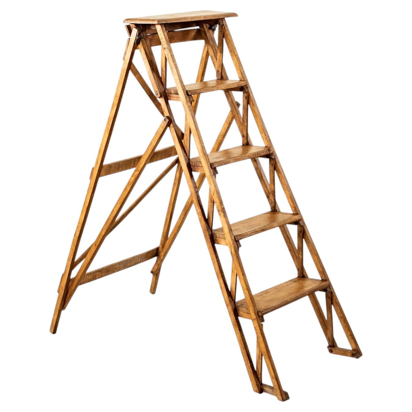 Early 20th Century French Beechwood Folding Library Ladder