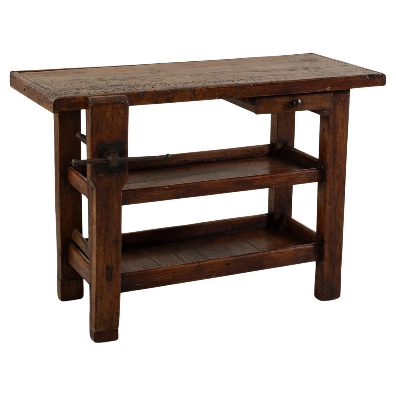 Early 20th Century French Beechwood Workbench with Vise, Drawer, Lower Shelves For Sale