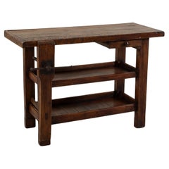 Early 20th Century French Beechwood Workbench with Vise, Drawer, Lower Shelves