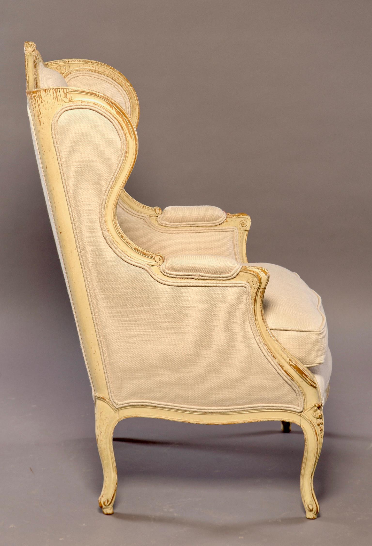 Carved Early 20th Century French Bergère with New Upholstery