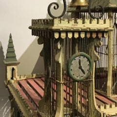 Early 20th Century French Birdcage in Painted Wood and Metal in Form of a Castle