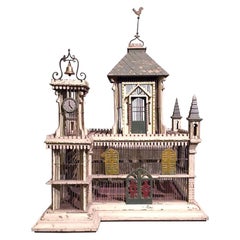 Antique Early 20th Century French Birdcage in Painted Wood and Metal in Form of a Castle