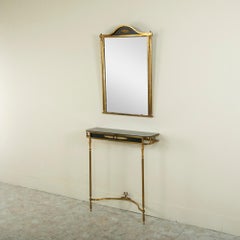 Early 20th Century French Black and Brass Console Table with Matching Mirror