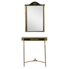 Antique Early 20th Century French Black and Brass Console Table with Matching Mirror