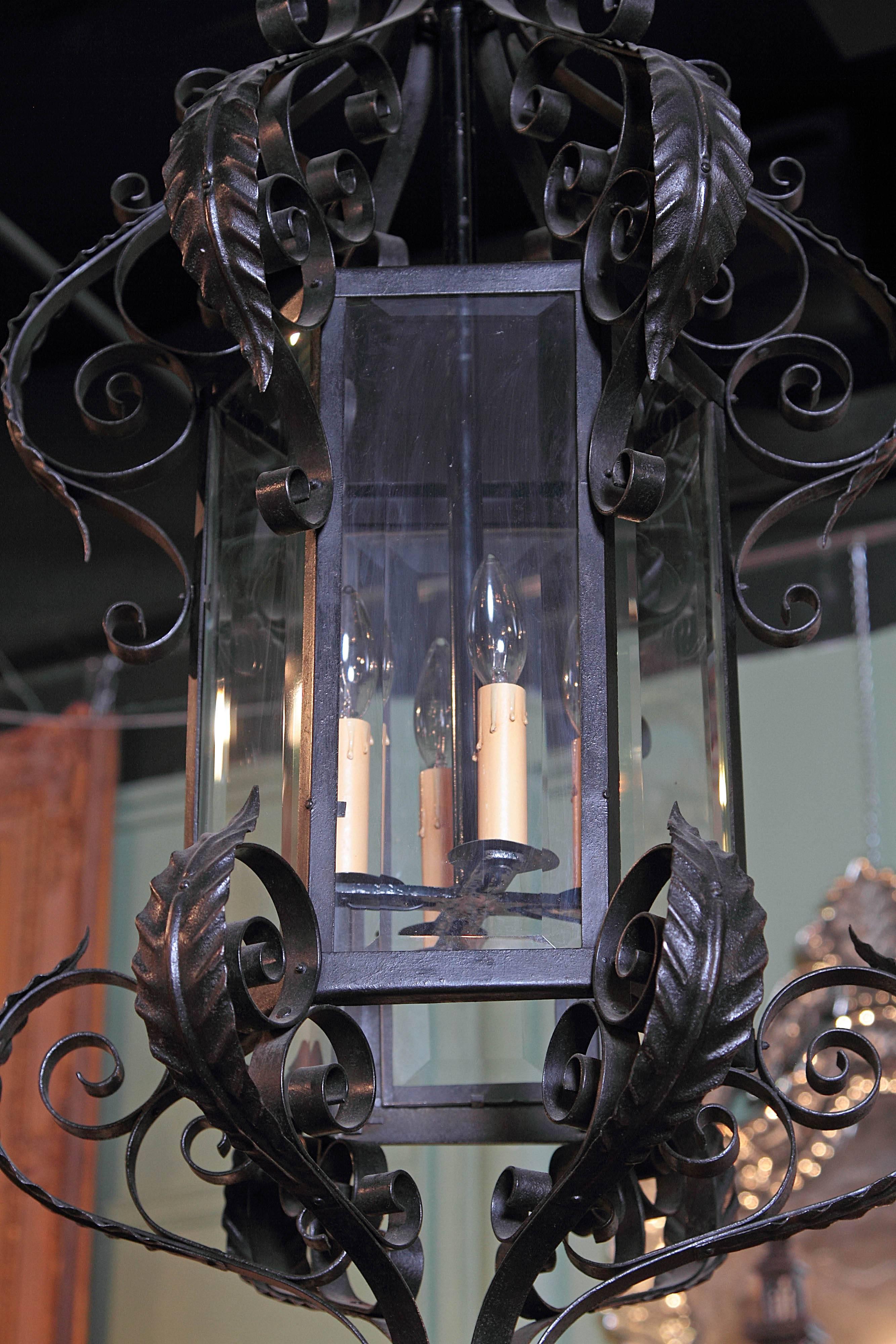 Early 20th Century French Black Iron and Beveled Glass Four-Light Lantern 6
