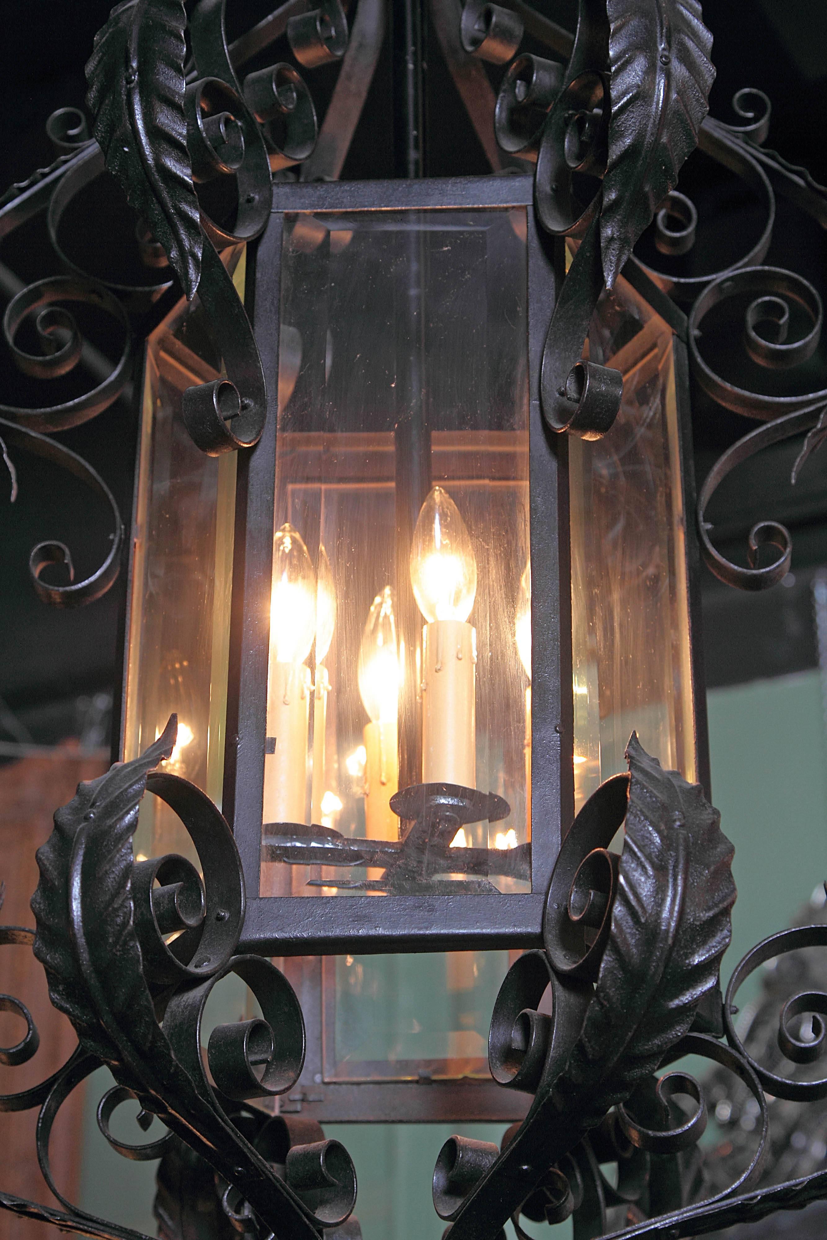 Early 20th Century French Black Iron and Beveled Glass Four-Light Lantern In Excellent Condition In Dallas, TX