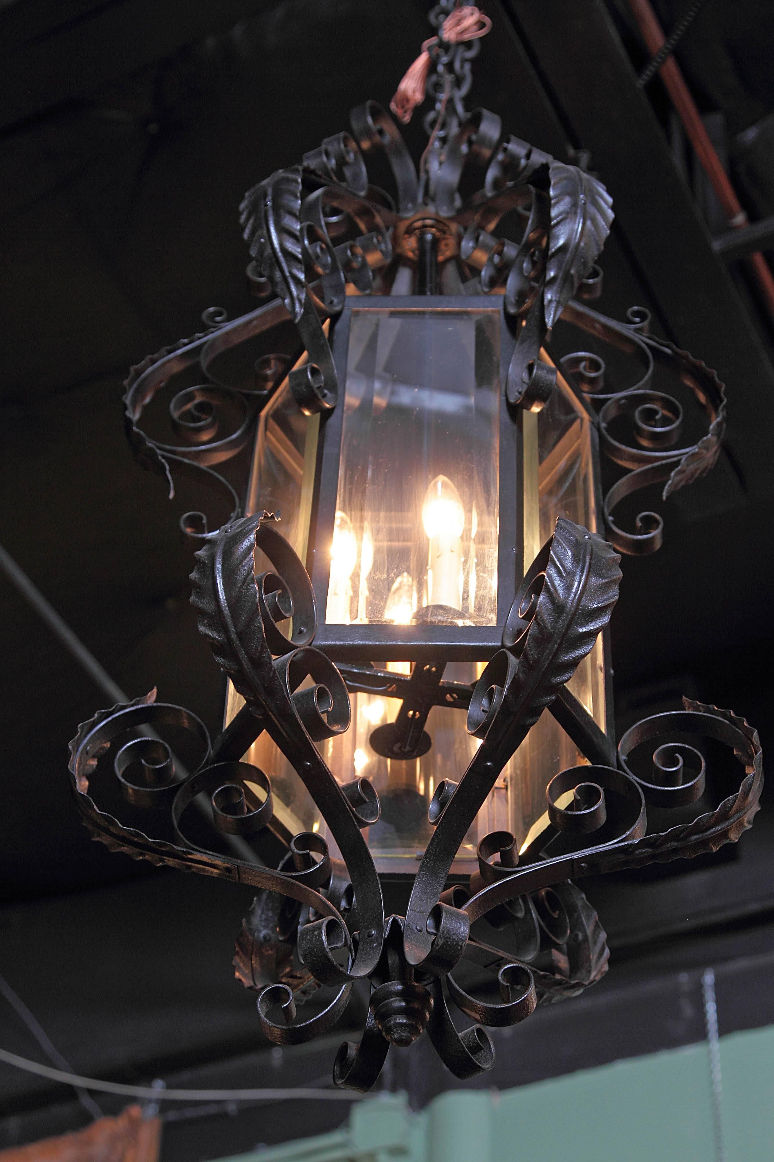 Early 20th Century French Black Iron and Beveled Glass Four-Light Lantern 1