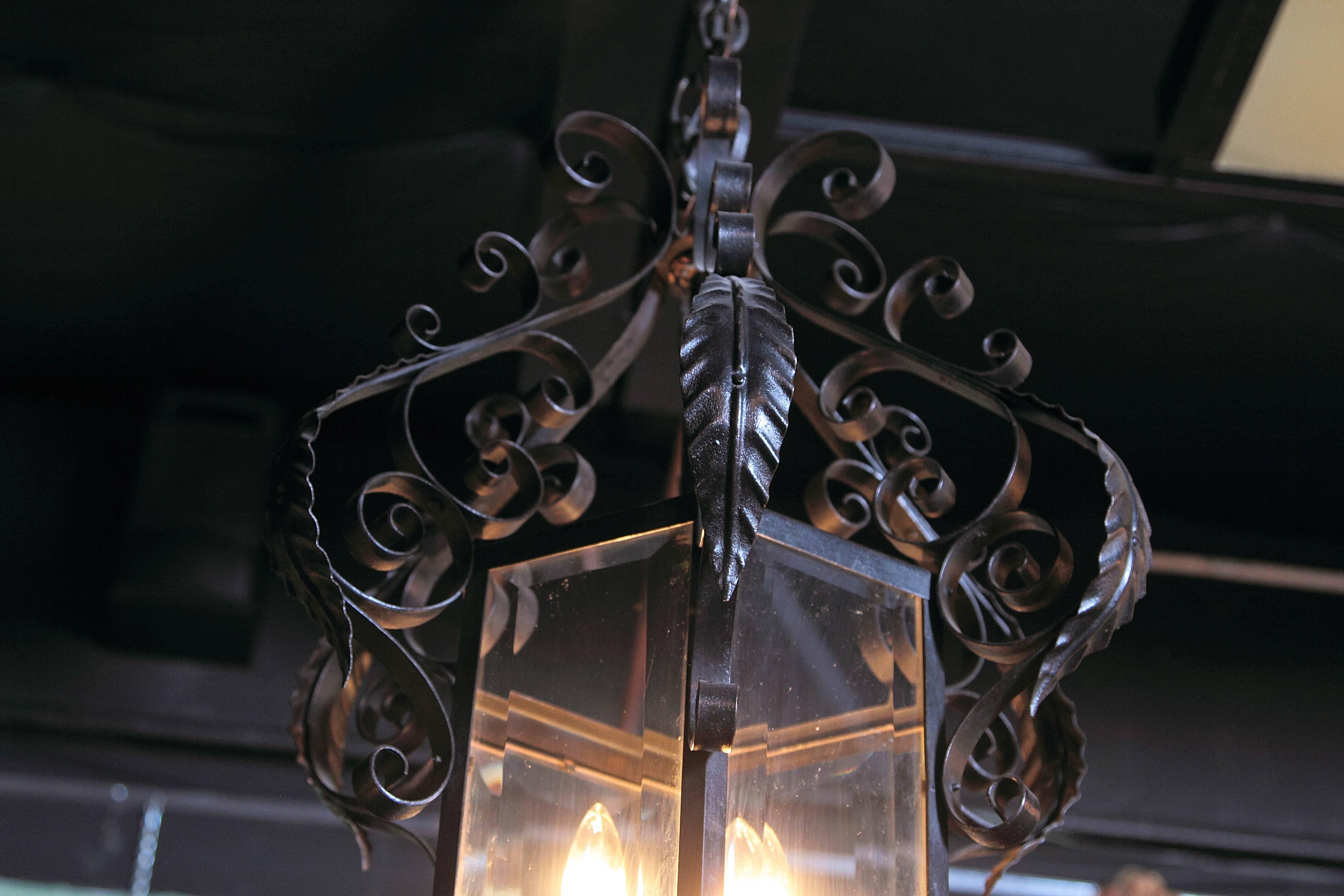 Early 20th Century French Black Iron and Beveled Glass Four-Light Lantern 3