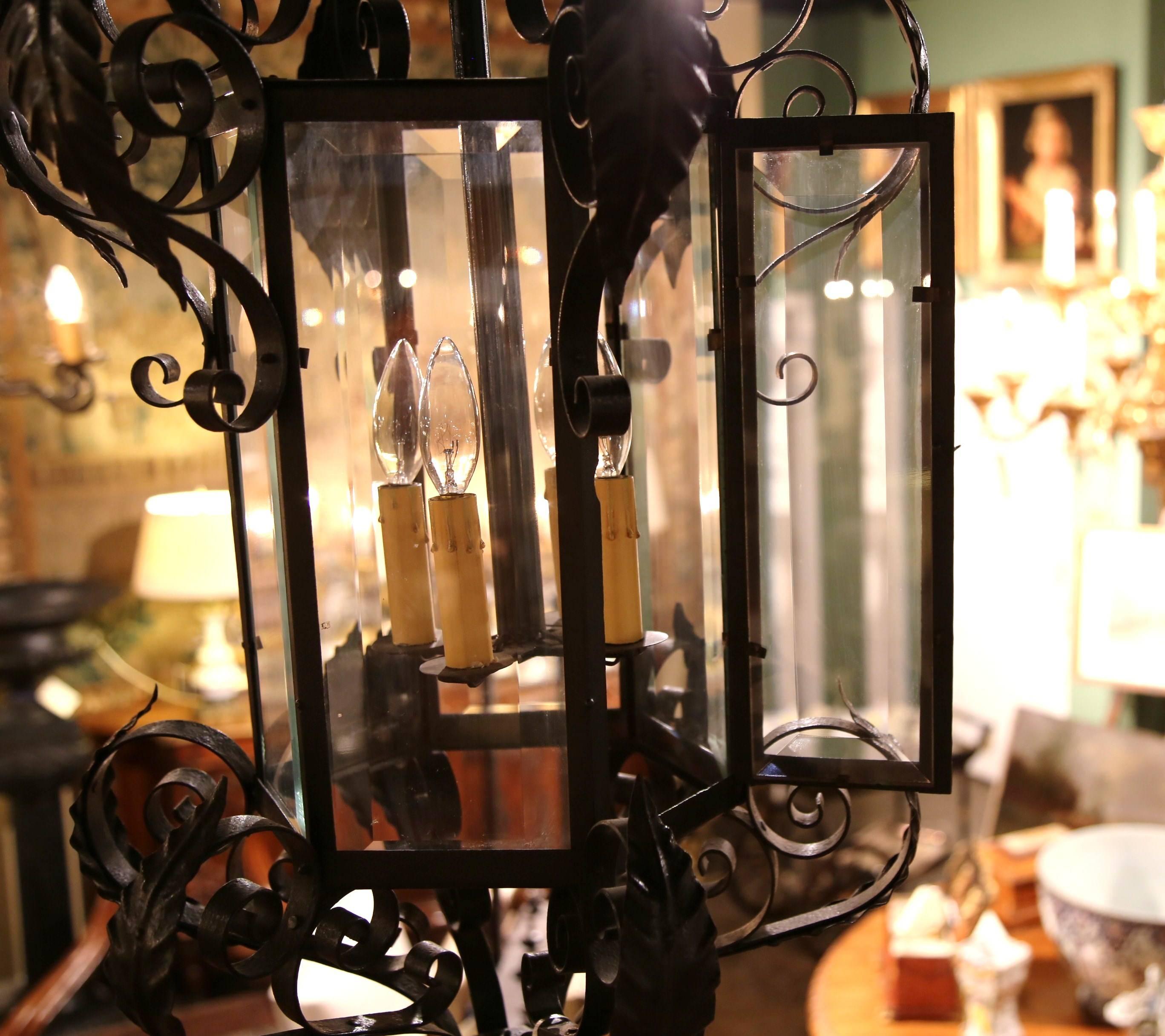 Early 20th Century French Black Iron and Beveled Glass Four-Light Lantern 4