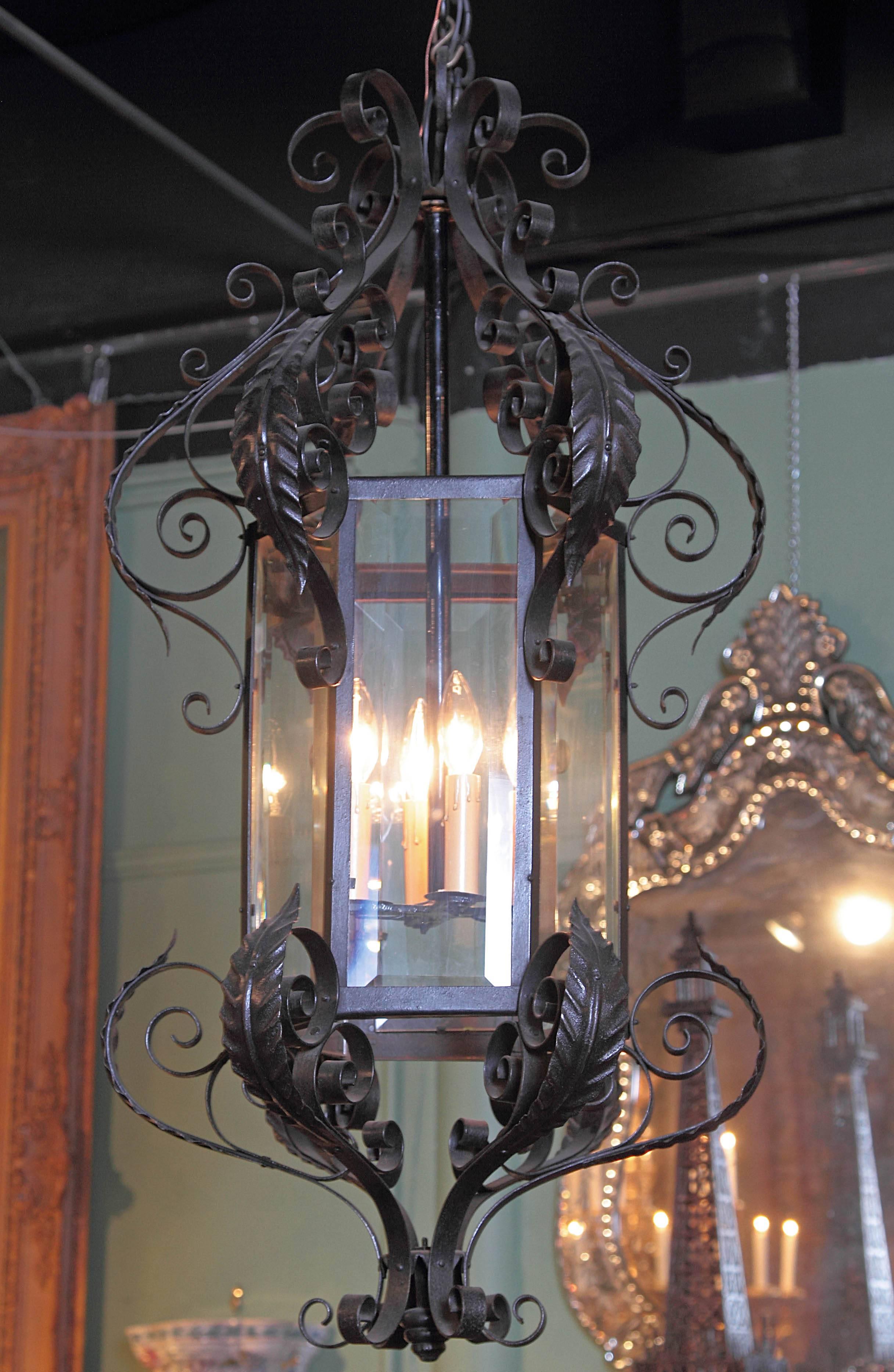 Early 20th Century French Black Iron and Beveled Glass Four-Light Lantern 5