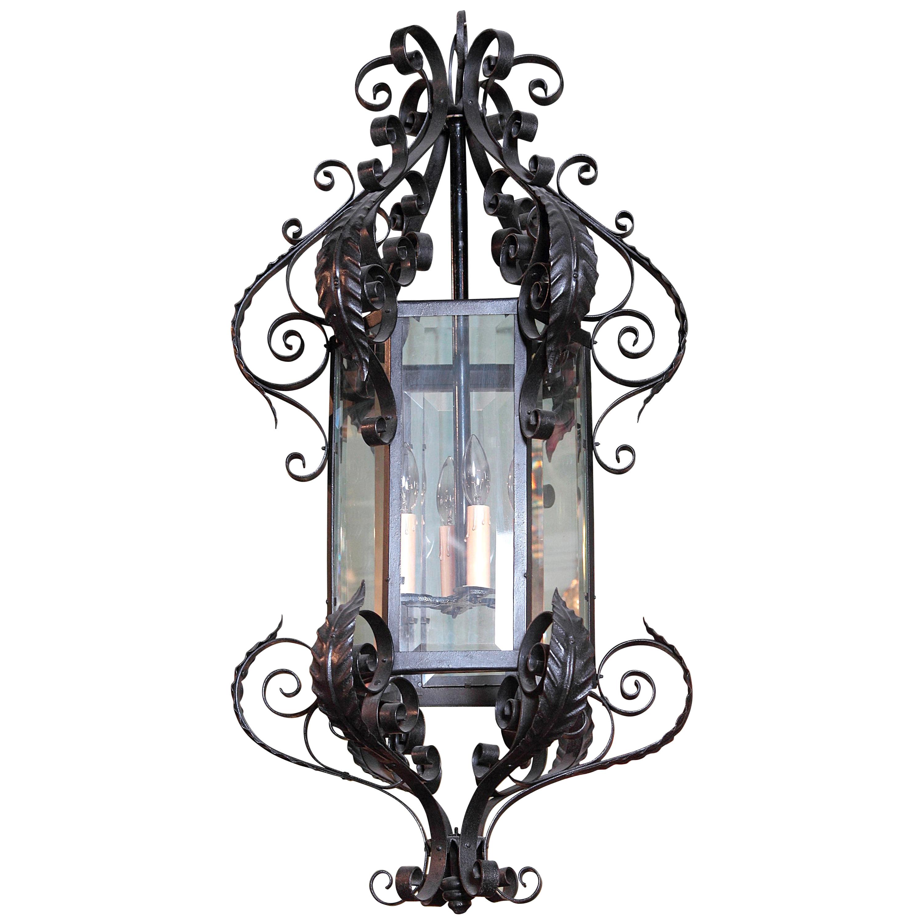 Early 20th Century French Black Iron and Beveled Glass Four-Light Lantern