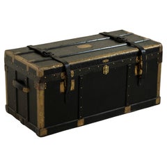 Early 20th Century French Black Leather Steam Trunk with Brass, circa 1900