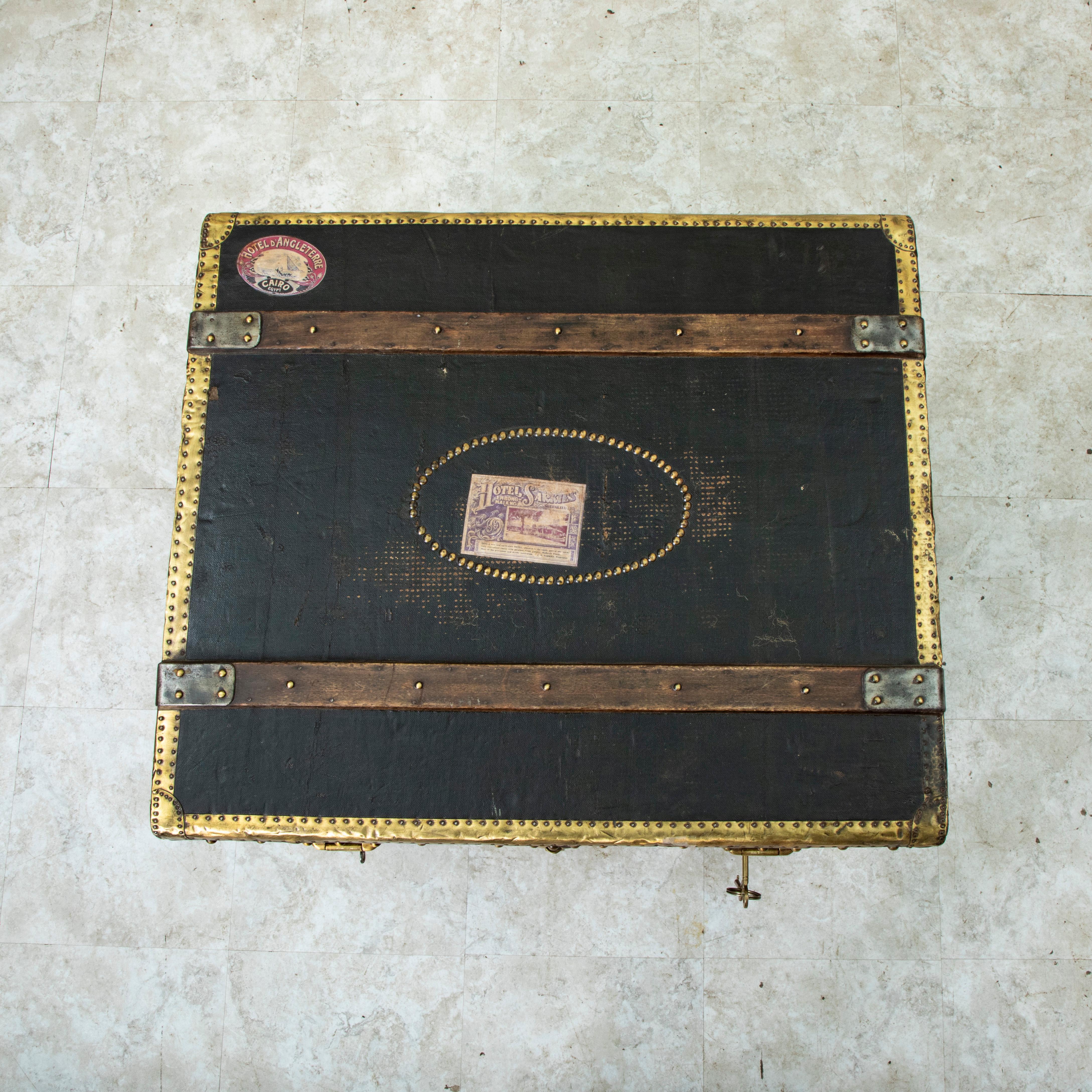 Early 20th Century French Black Leather Steamer Trunk with Brass Detailing For Sale 7
