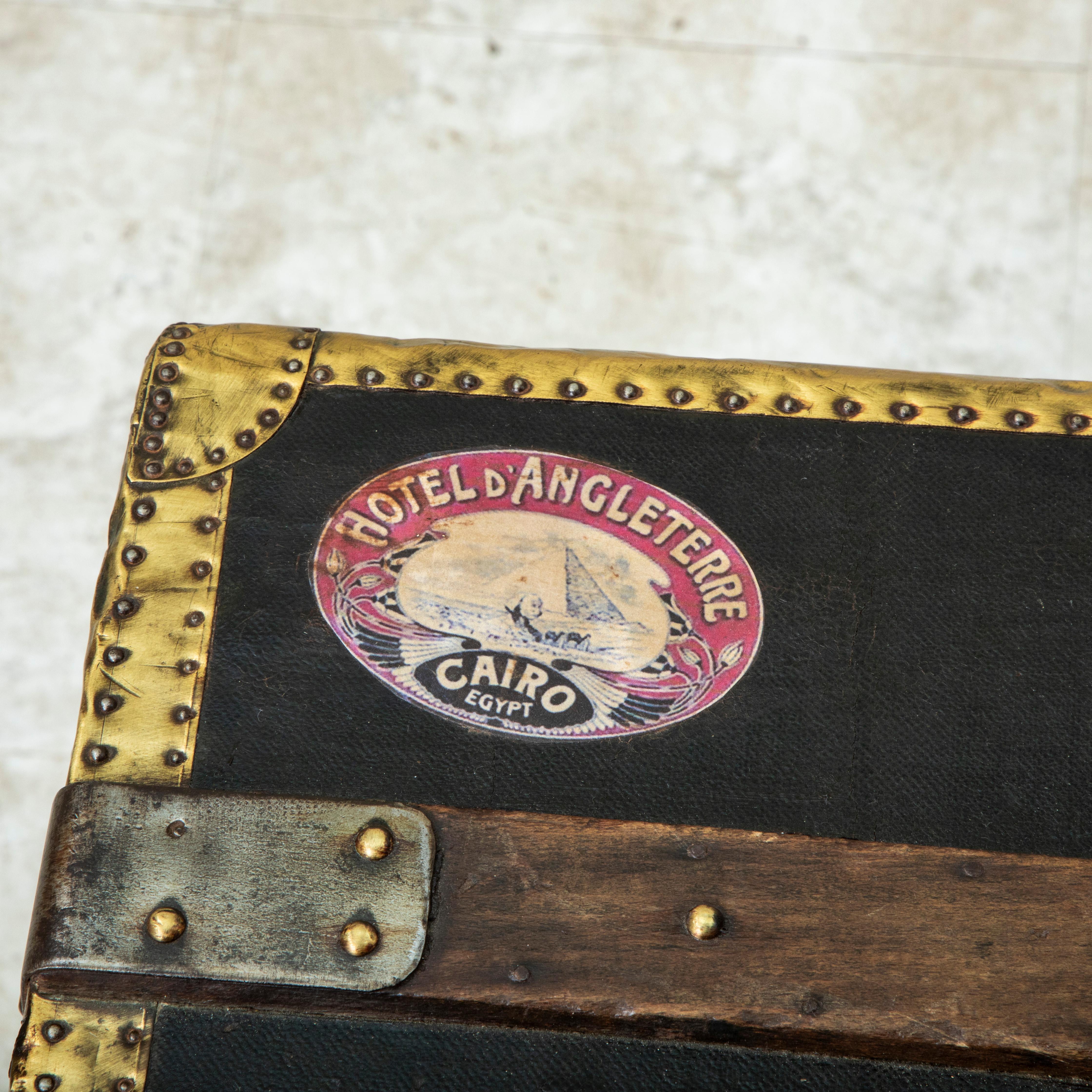 Early 20th Century French Black Leather Steamer Trunk with Brass Detailing For Sale 9