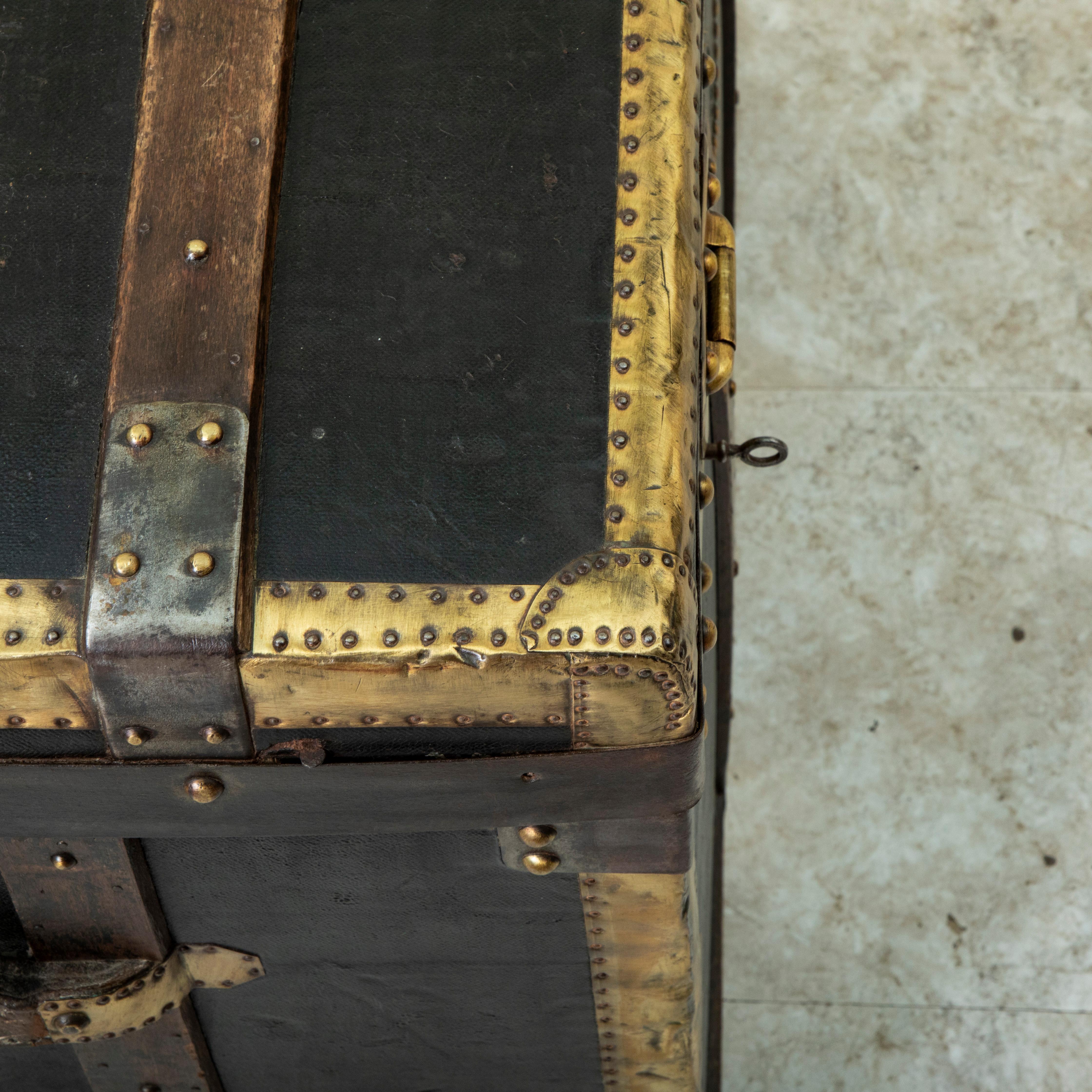 Early 20th Century French Black Leather Steamer Trunk with Brass Detailing For Sale 17