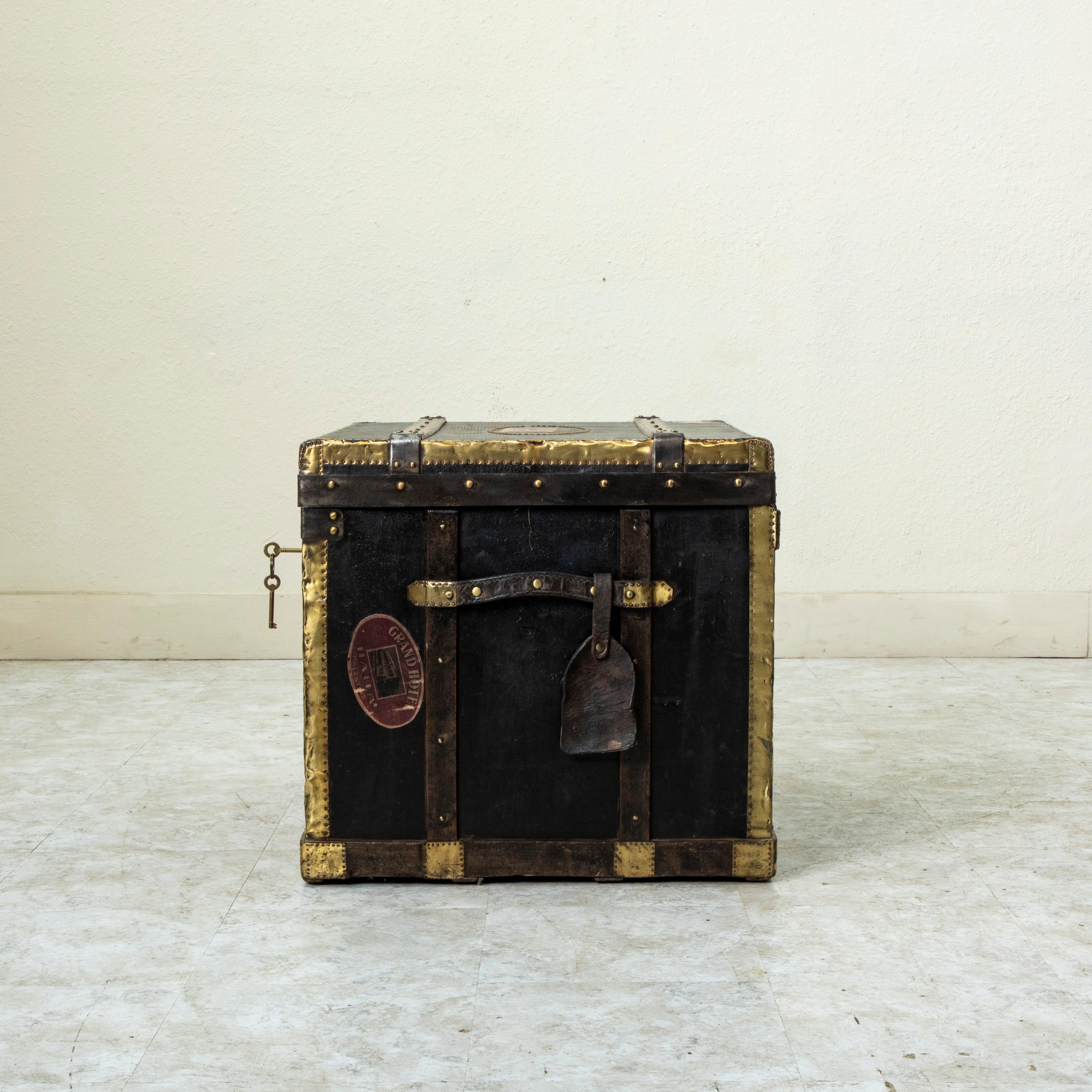 Early 20th Century French Black Leather Steamer Trunk with Brass Detailing For Sale 1