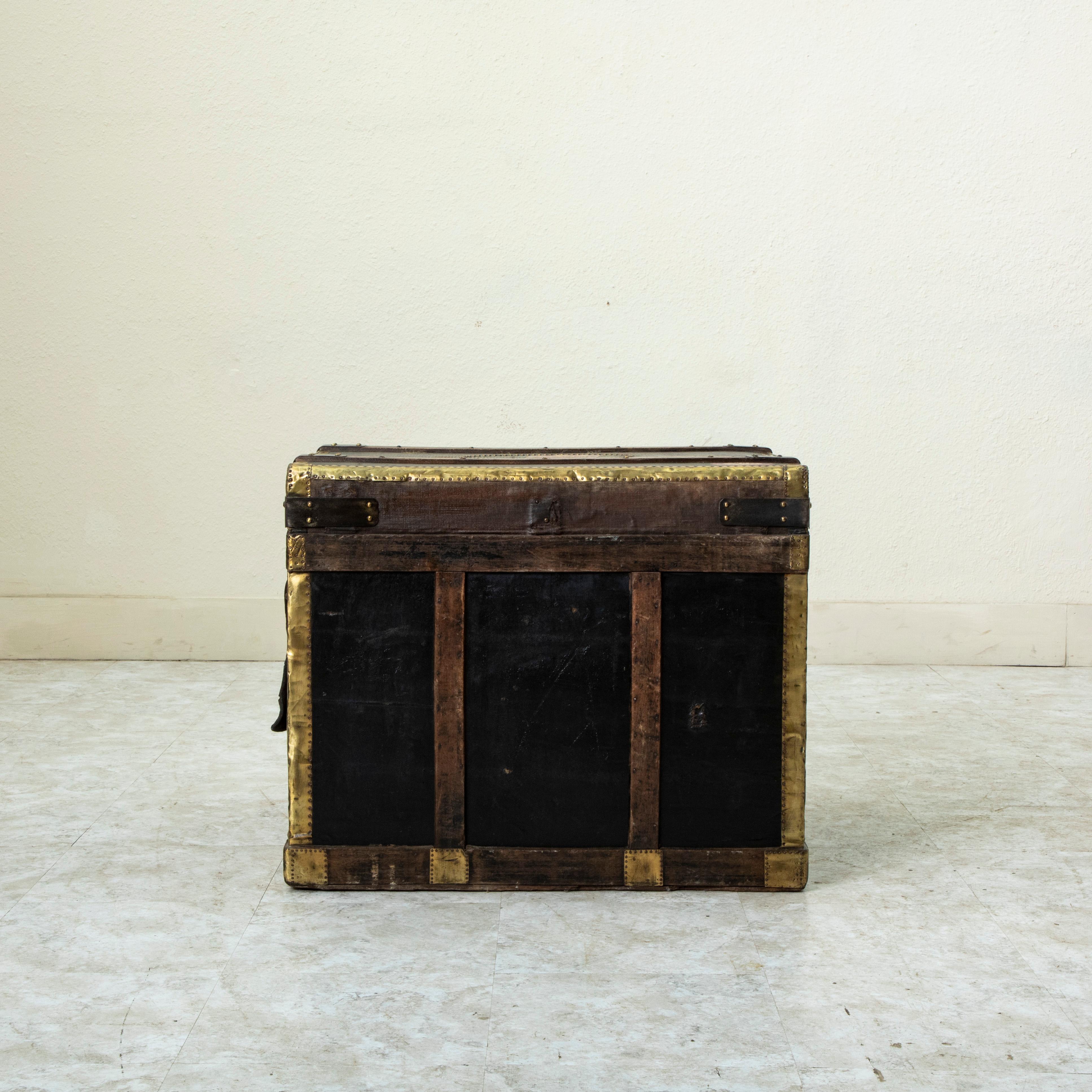 Early 20th Century French Black Leather Steamer Trunk with Brass Detailing For Sale 2
