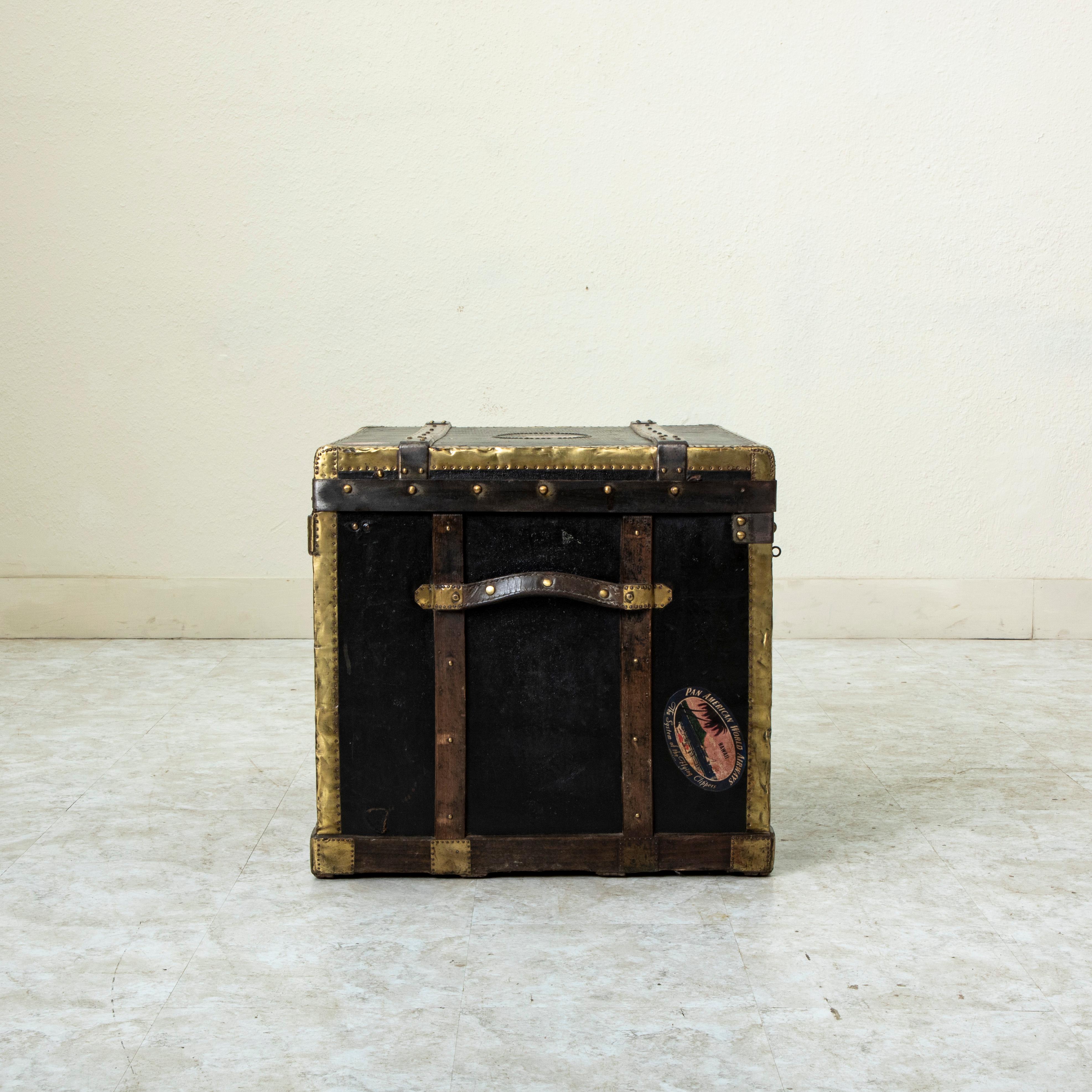 Early 20th Century French Black Leather Steamer Trunk with Brass Detailing For Sale 3