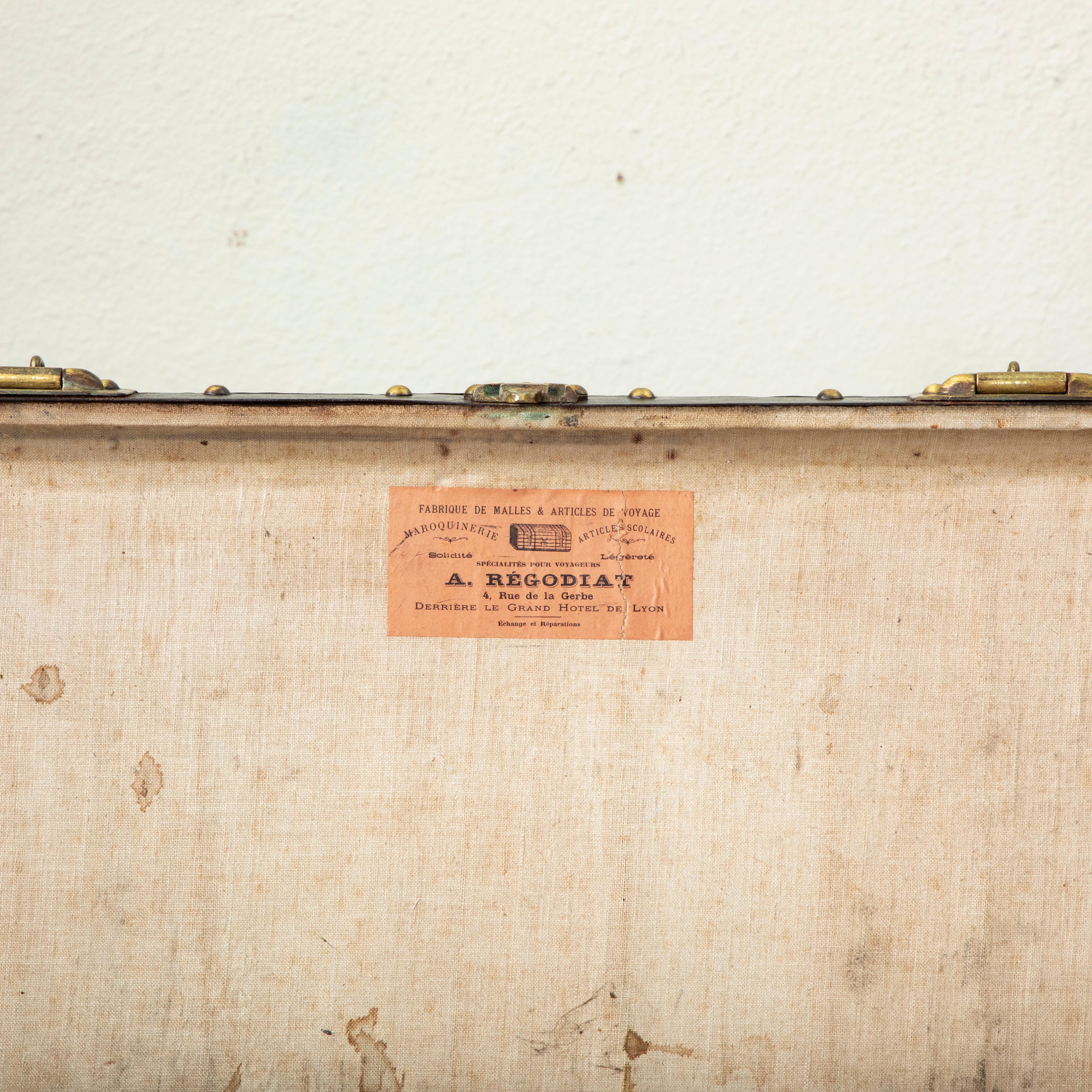 Early 20th Century French Black Leather Steamer Trunk with Brass Detailing For Sale 5