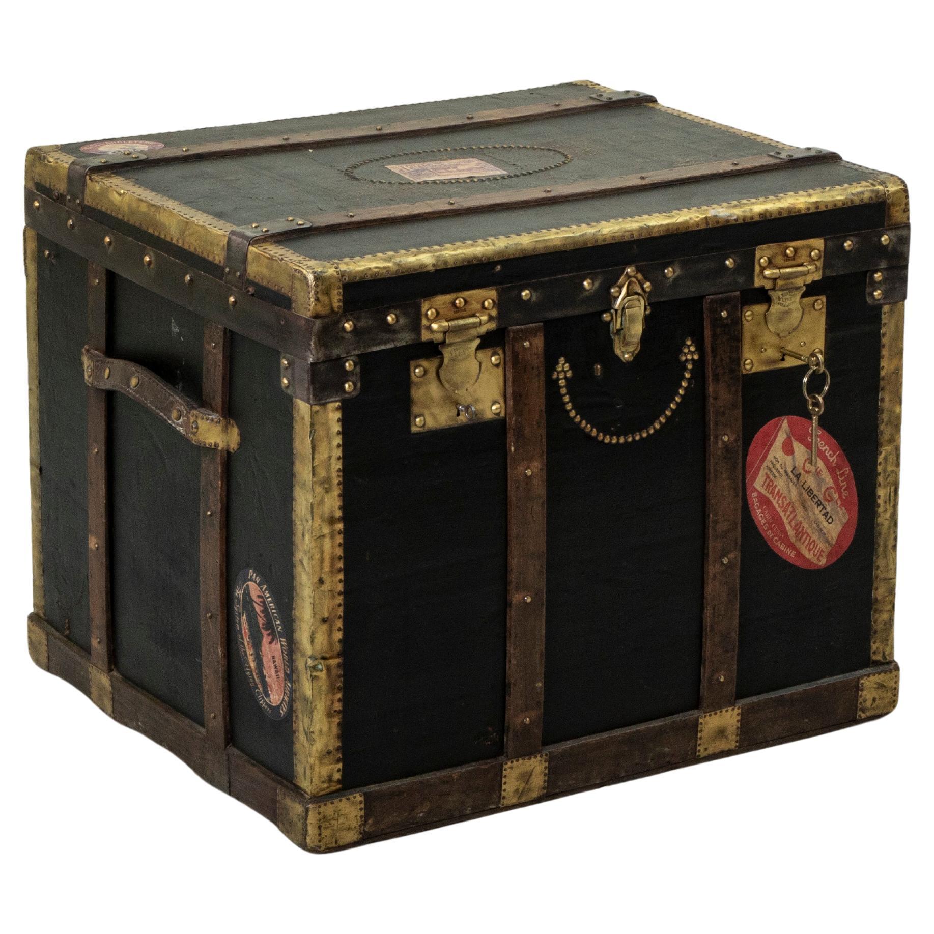 Early 20th Century French Black Leather Steamer Trunk with Brass Detailing