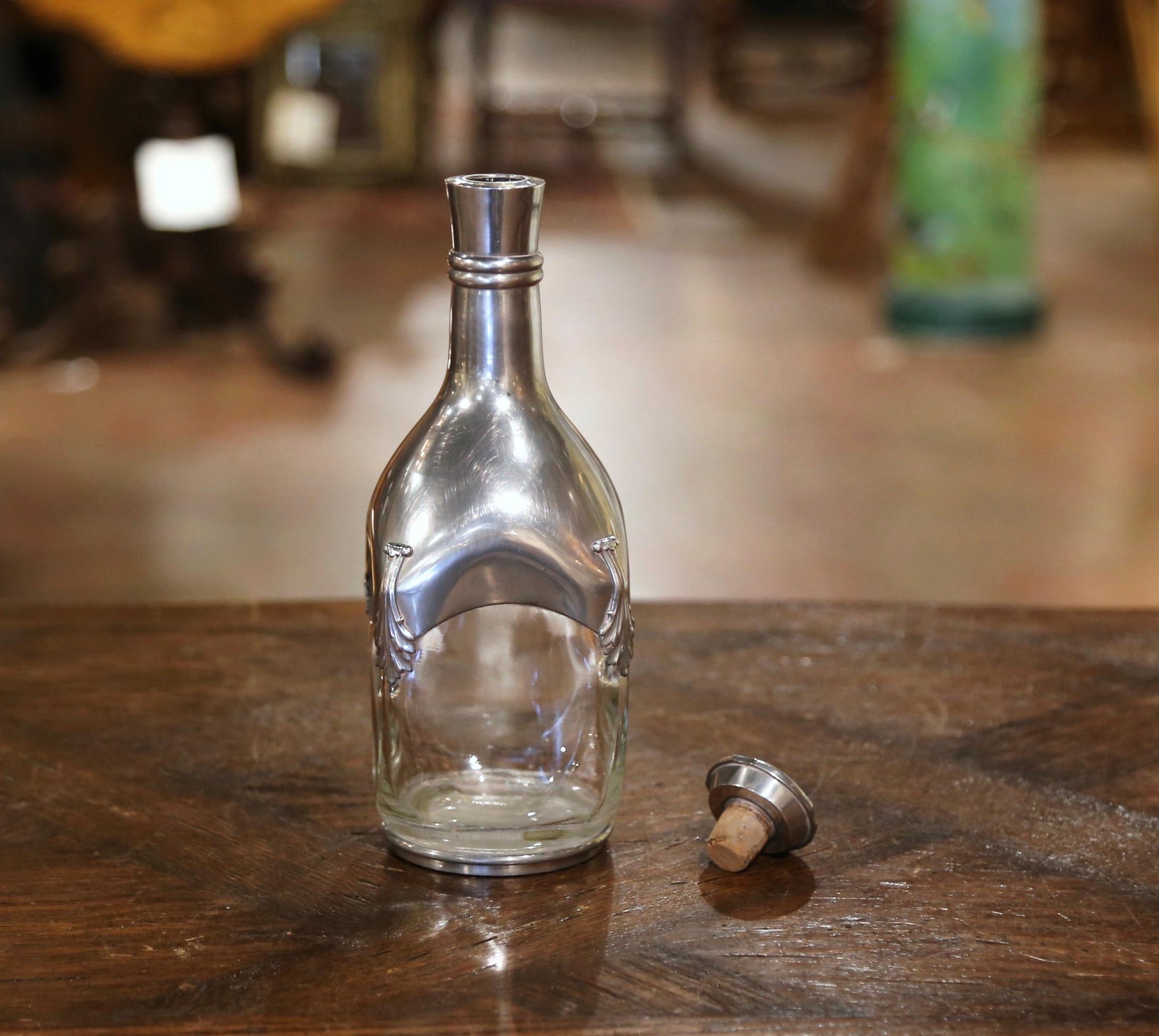 Early 20th Century French Blown Glass and Repousse Pewter Wine Carafe Decanter In Excellent Condition In Dallas, TX