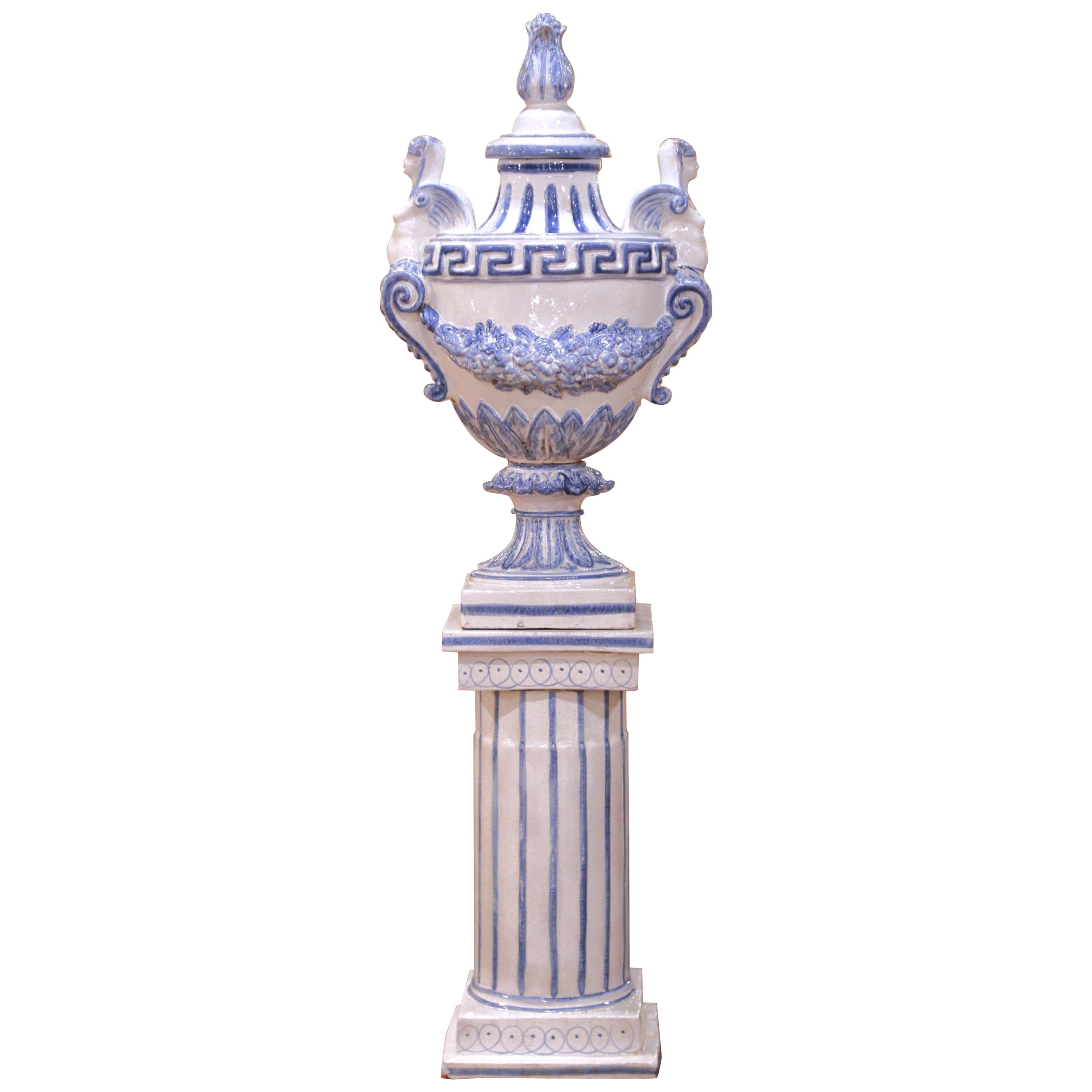 Early 20th Century French Blue and White Faience Urn on Pedestal im Angebot