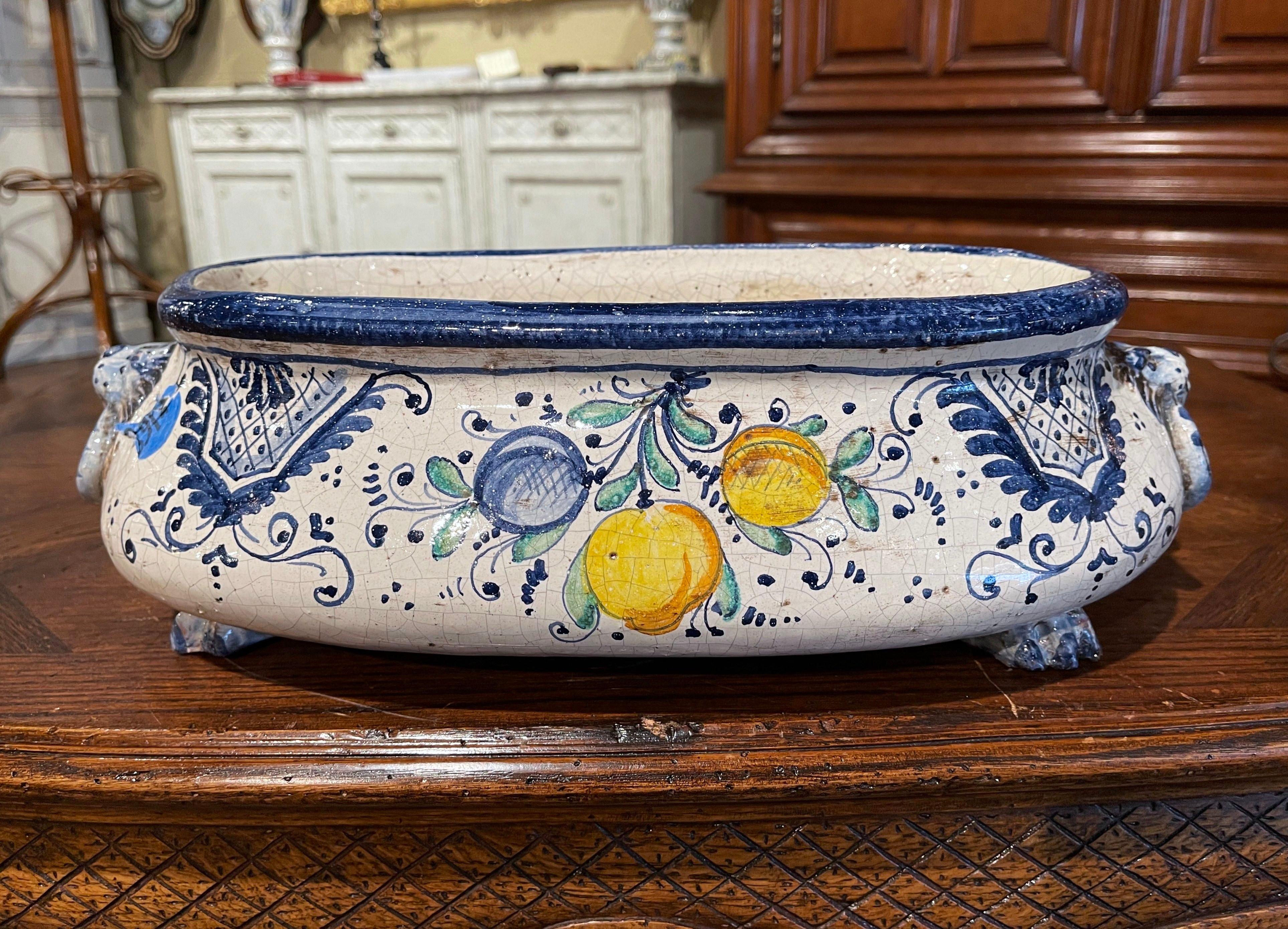 Hand-Crafted Early 20th Century French Blue and White Hand Painted Bombe Faience Jardinière
