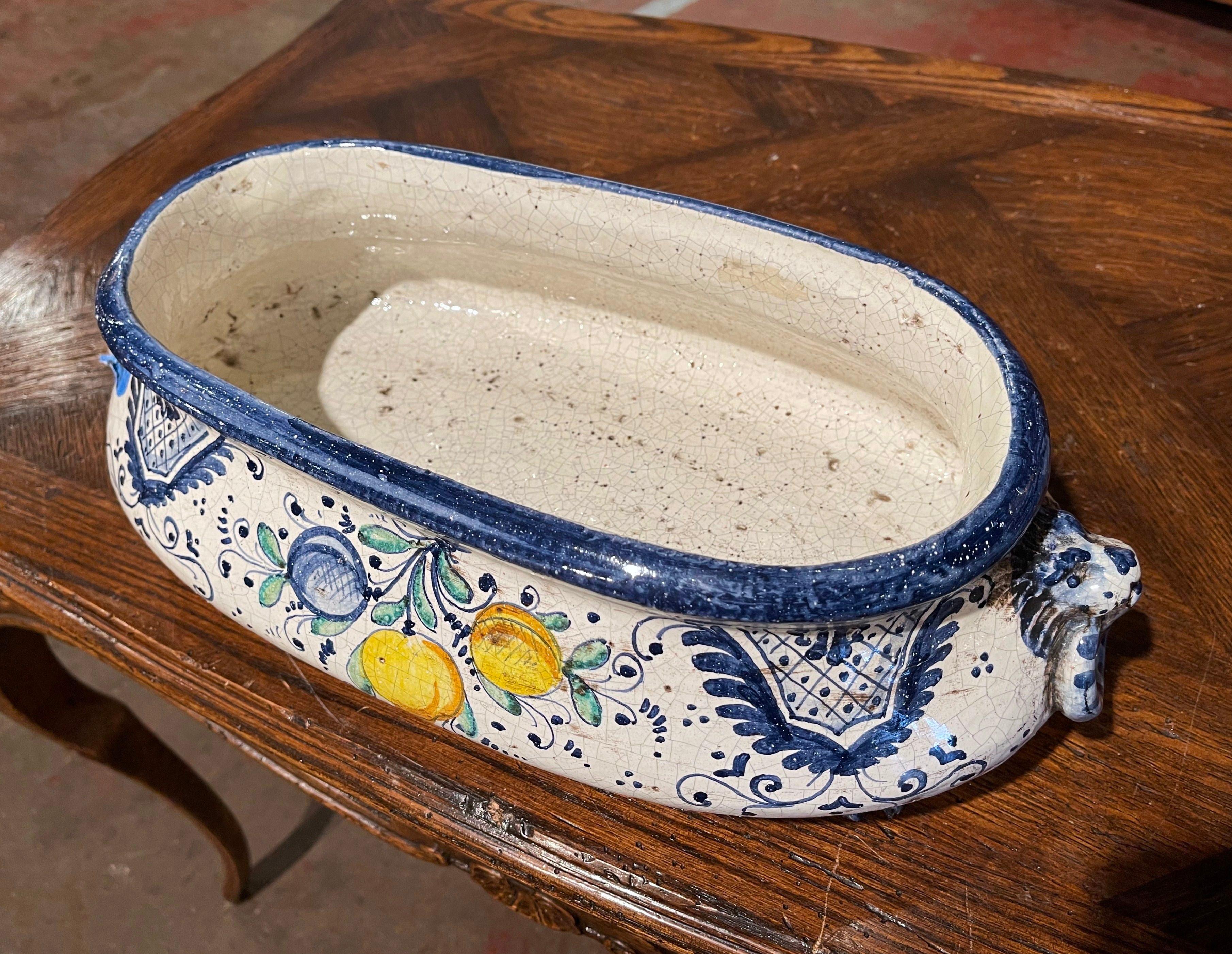 Early 20th Century French Blue and White Hand Painted Bombe Faience Jardinière In Excellent Condition In Dallas, TX