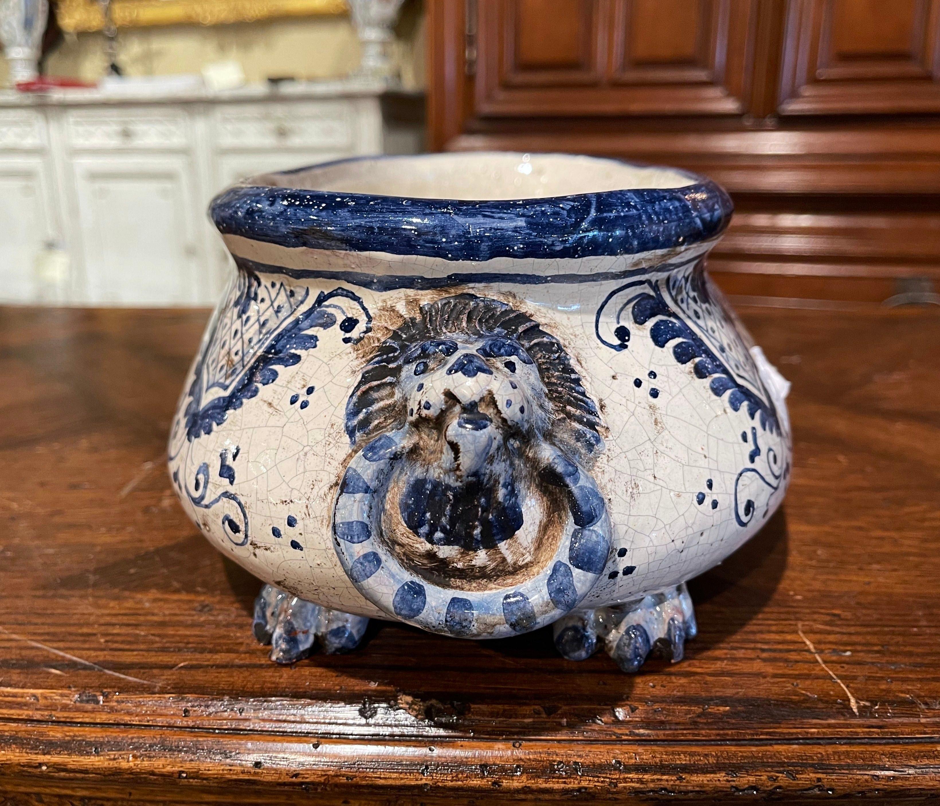 Ceramic Early 20th Century French Blue and White Hand Painted Bombe Faience Jardinière