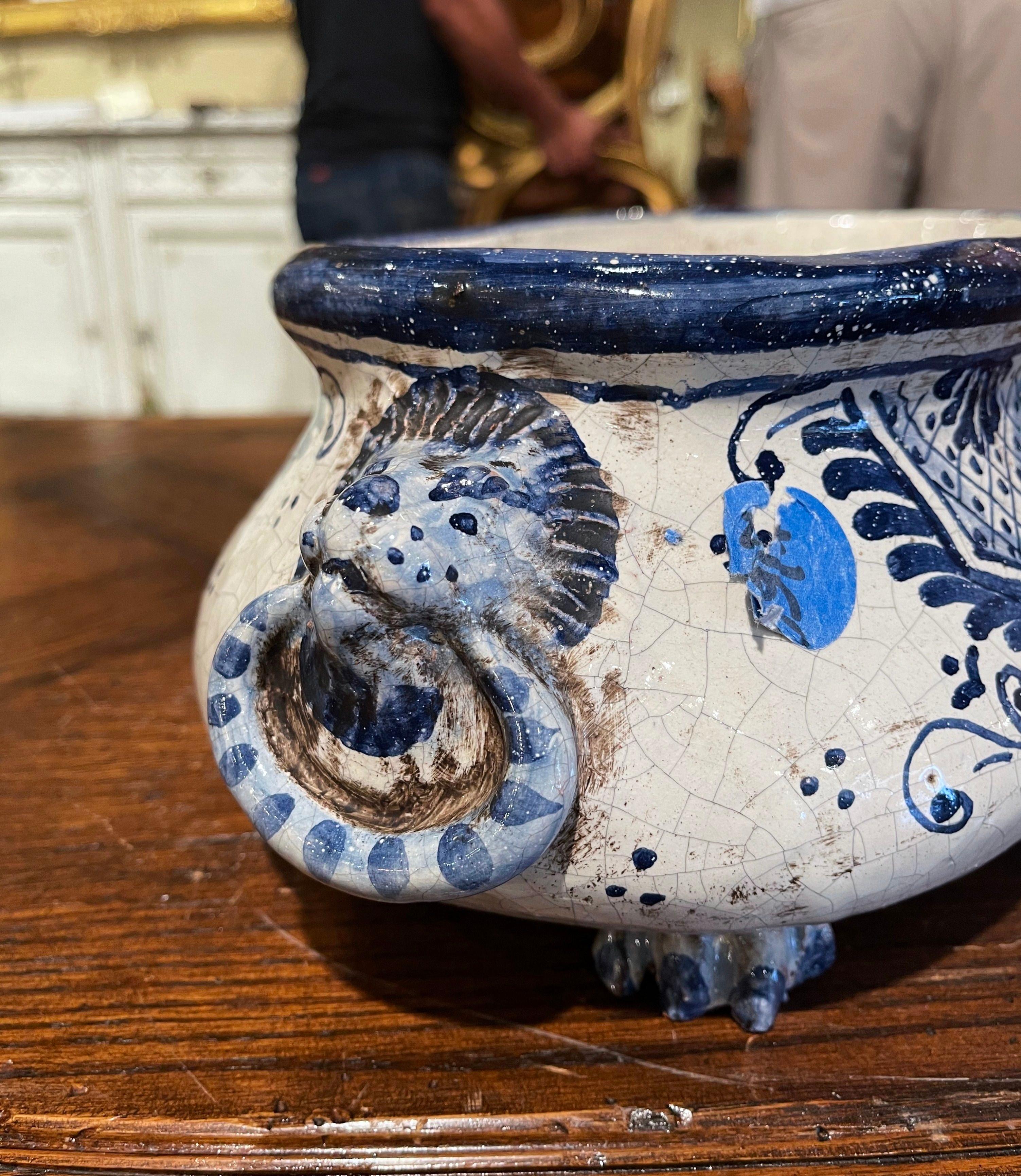 Early 20th Century French Blue and White Hand Painted Bombe Faience Jardinière 2
