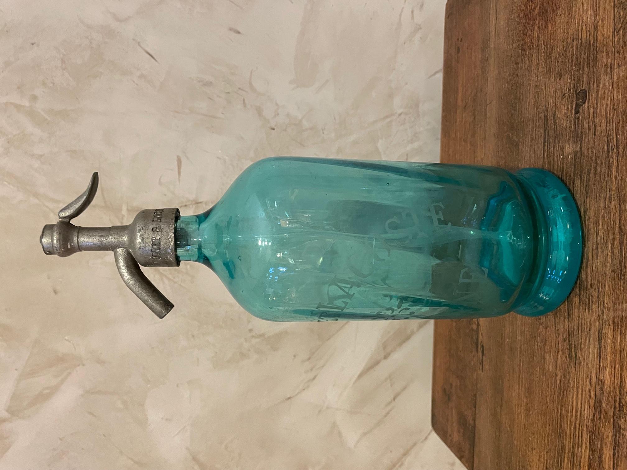 Metal Early 20th Century French Blue Glass Siphon Bottle, 1900s