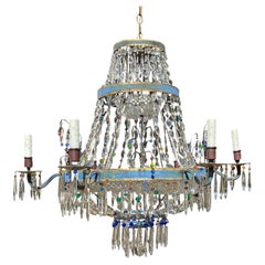 Early 20th Century French Blue Tole Painted & Crystal Six Arm Chandelier