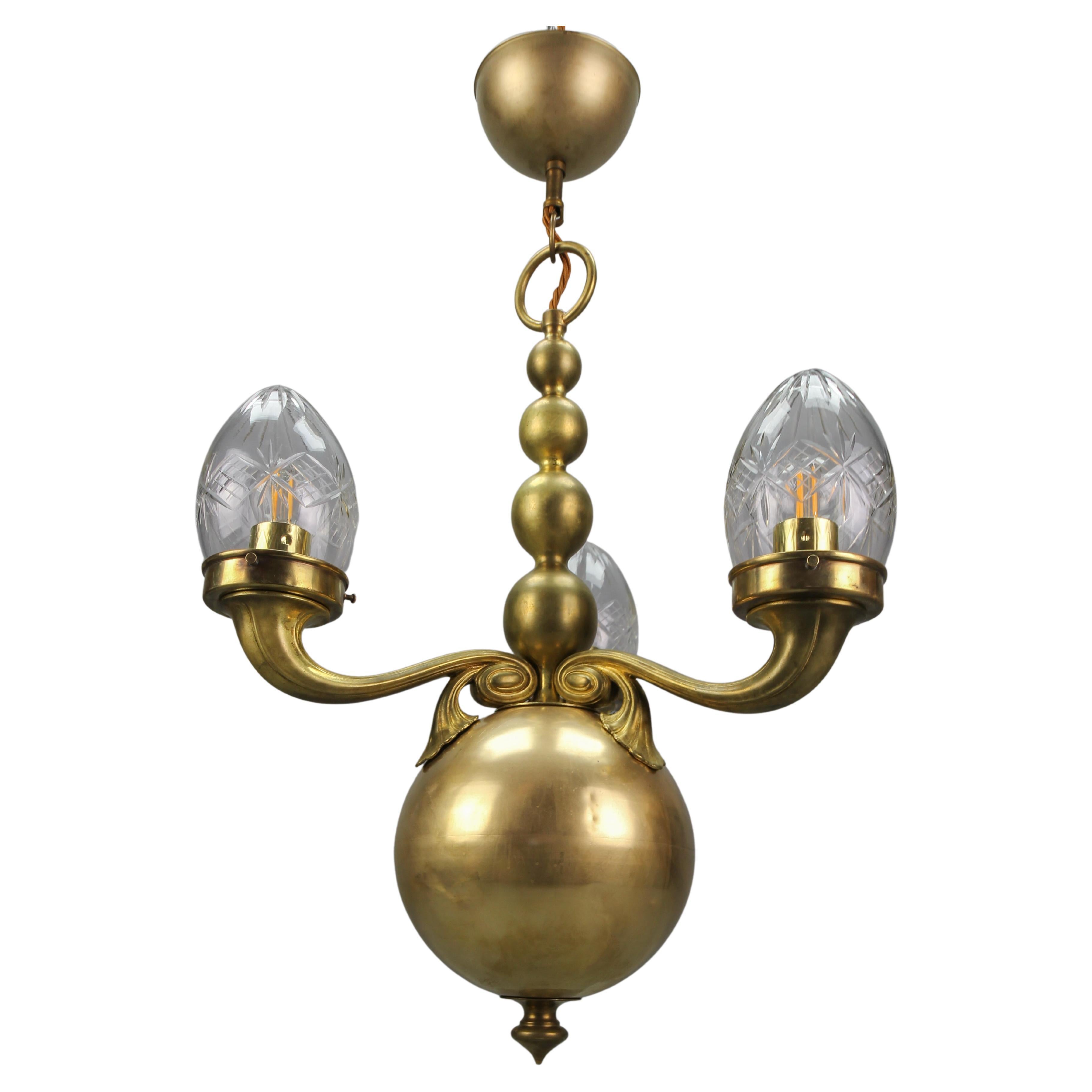 Early 20th Century French Brass and Clear Cut Glass Three-Light Chandelier