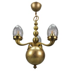 Antique Early 20th Century French Brass and Clear Cut Glass Three-Light Chandelier
