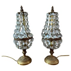 Early 20th century French Brass and Crystal Pair of Lamp, 1900s