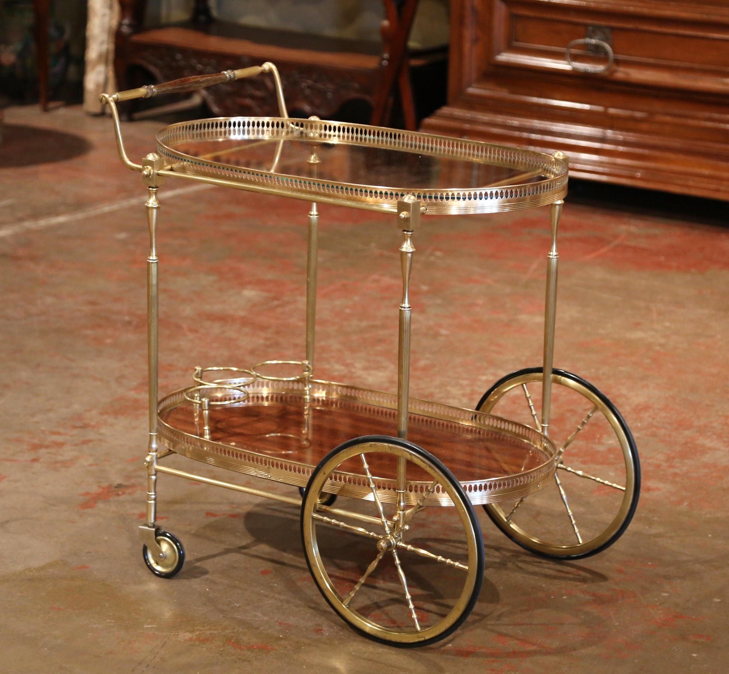 Art Deco Early 20th Century French Brass and Wood Desert Table or Bar Cart on Wheels