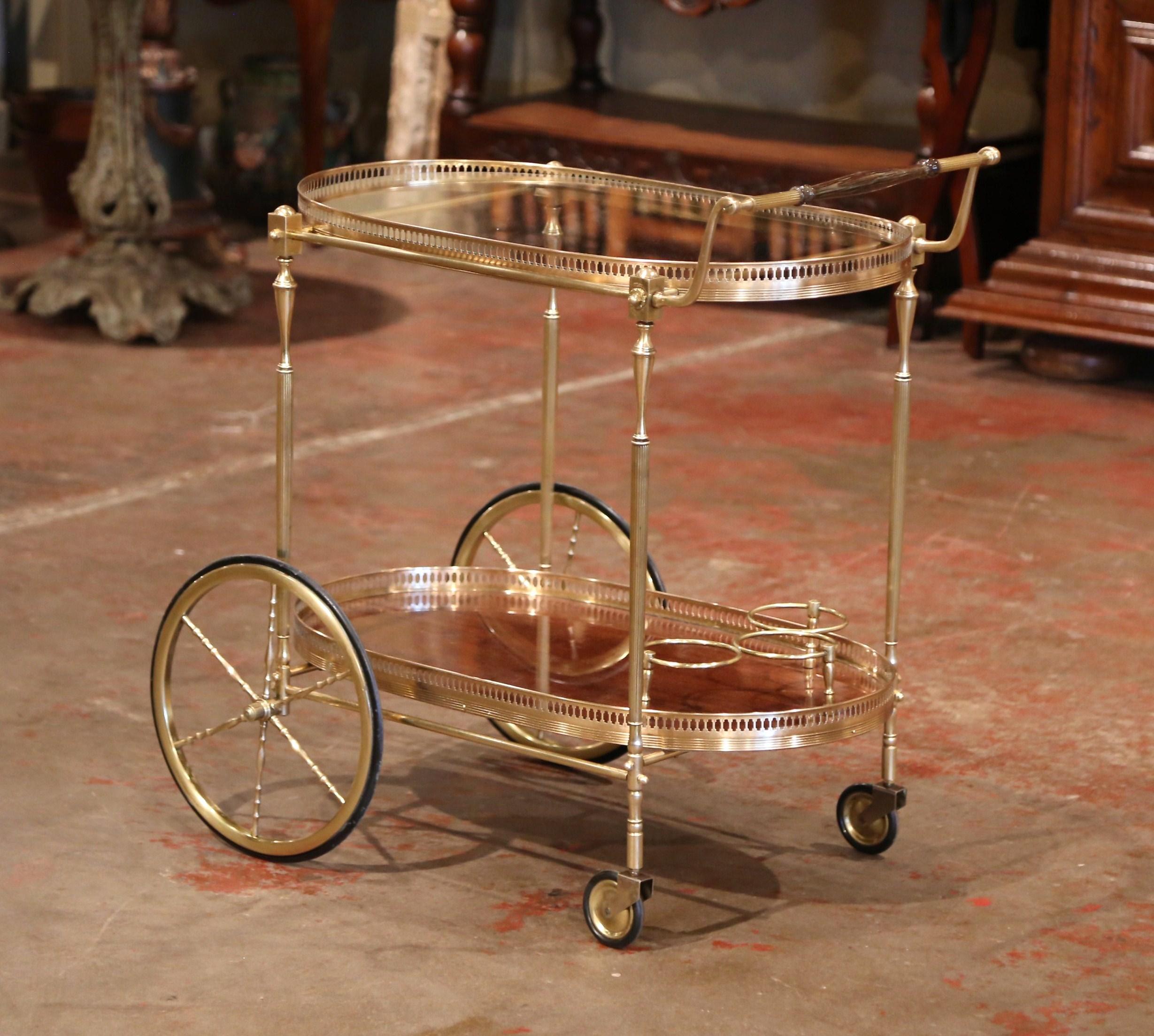 Early 20th Century French Brass and Wood Desert Table or Bar Cart on Wheels In Excellent Condition In Dallas, TX