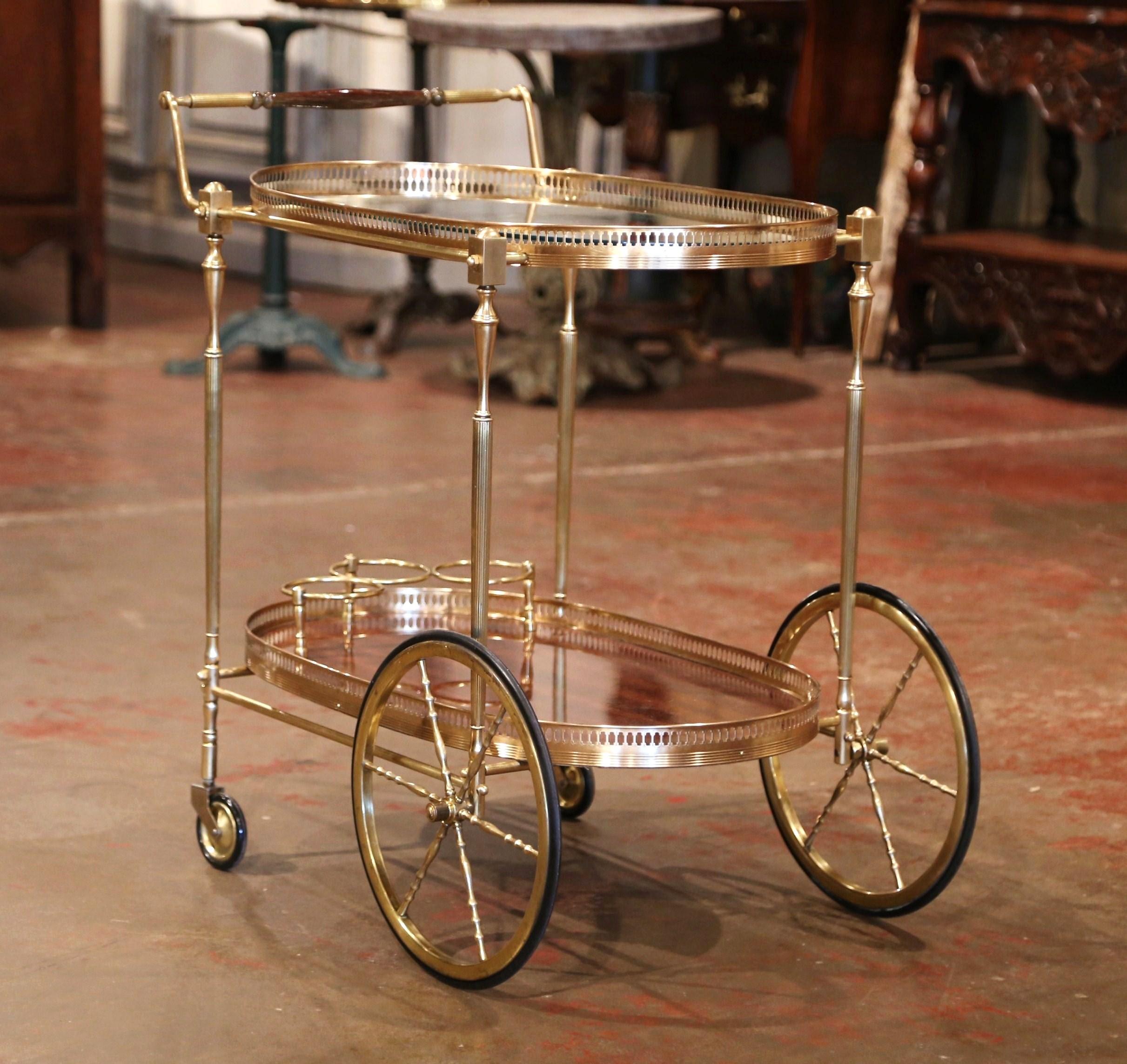 Mahogany Early 20th Century French Brass and Wood Desert Table or Bar Cart on Wheels