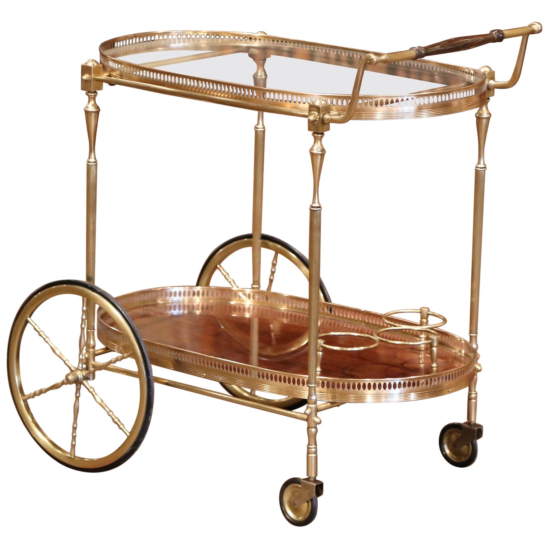 Early 20th Century French Brass and Wood Desert Table or Bar Cart on Wheels