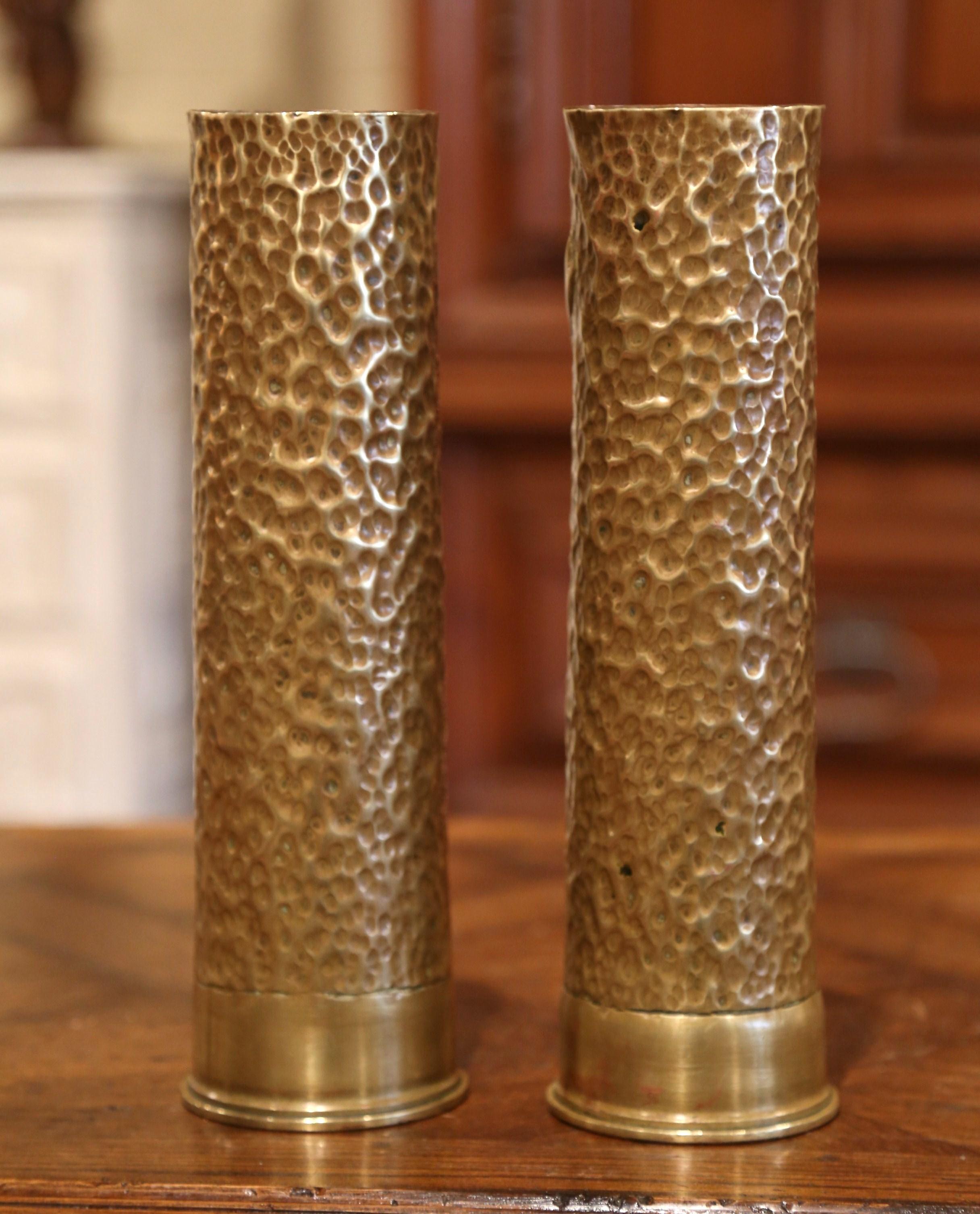 Repoussé Early 20th Century French Brass Army Shell Casing Vases Dated 1916