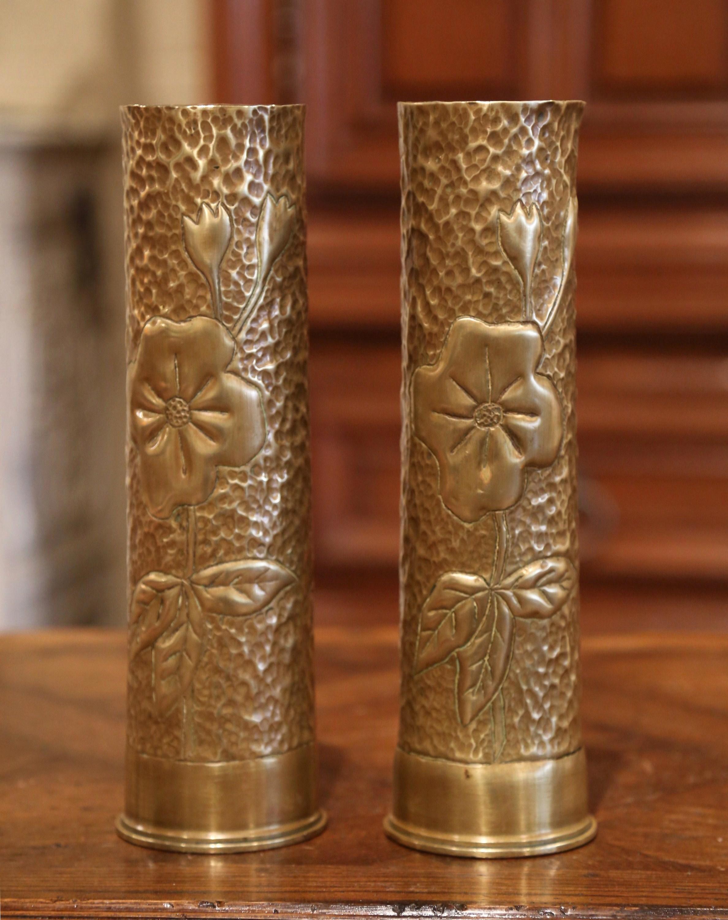 Early 20th Century French Brass Army Shell Casing Vases Dated 1916 In Excellent Condition In Dallas, TX