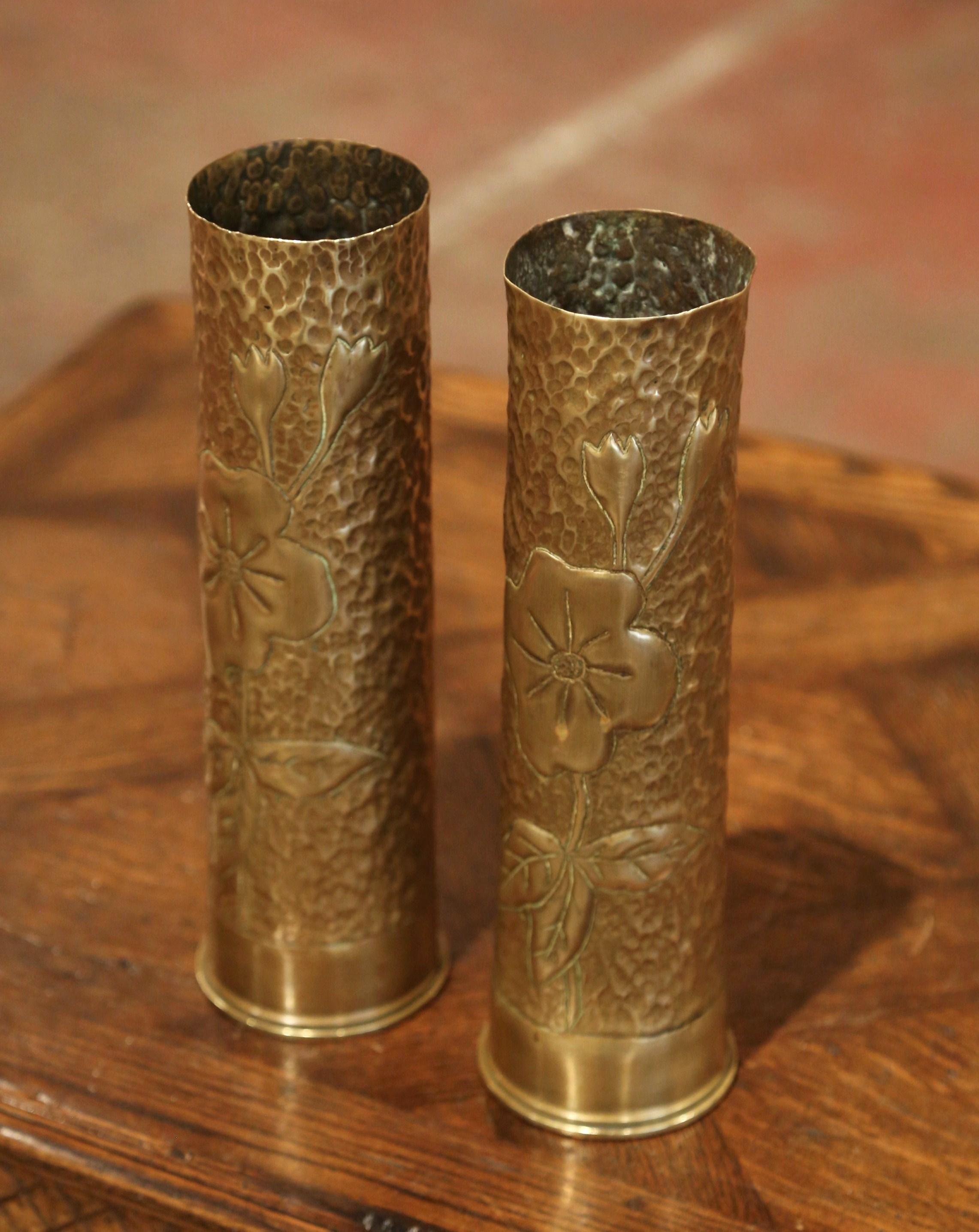 Early 20th Century French Brass Army Shell Casing Vases Dated 1916 1