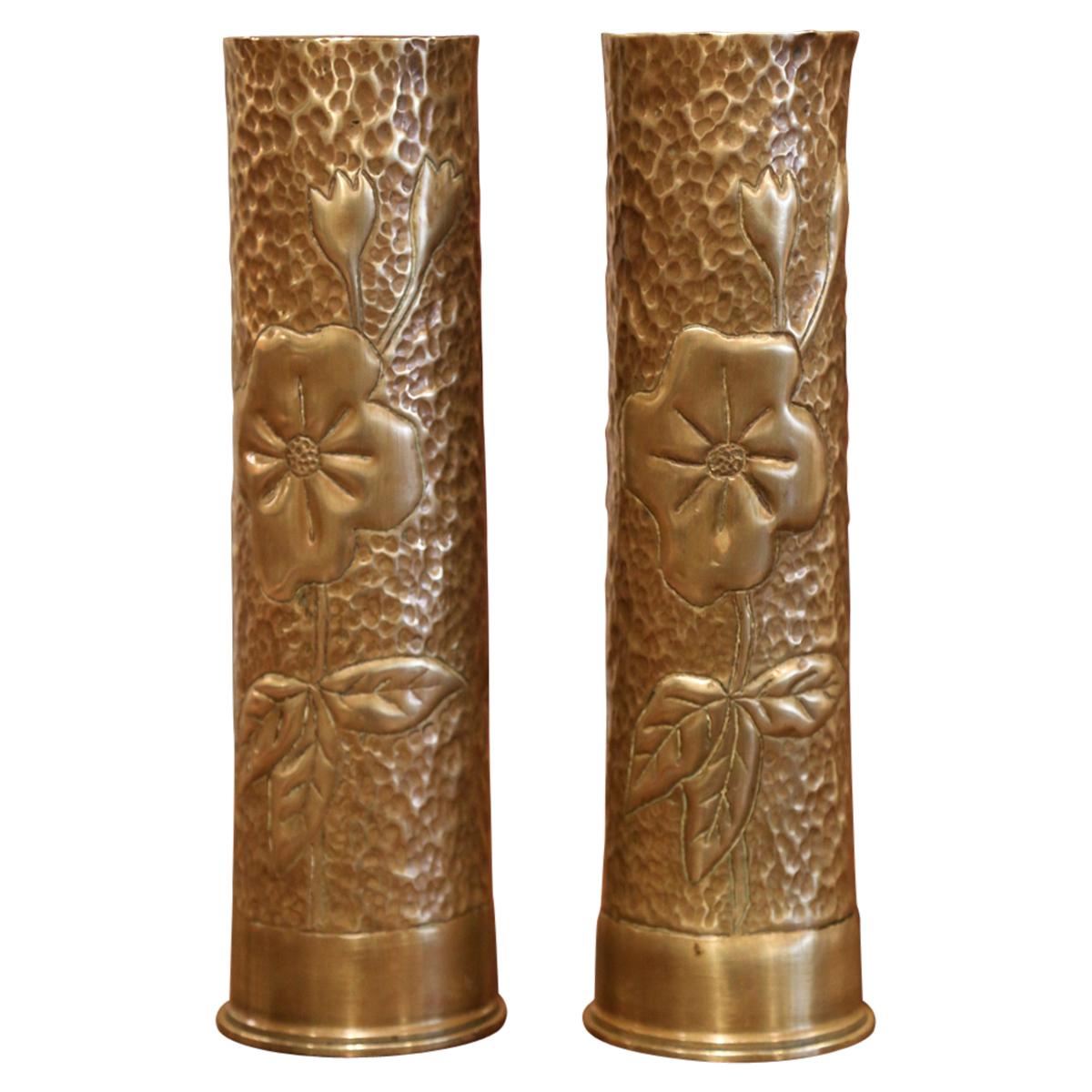 Early 20th Century French Brass Army Shell Casing Vases Dated 1916