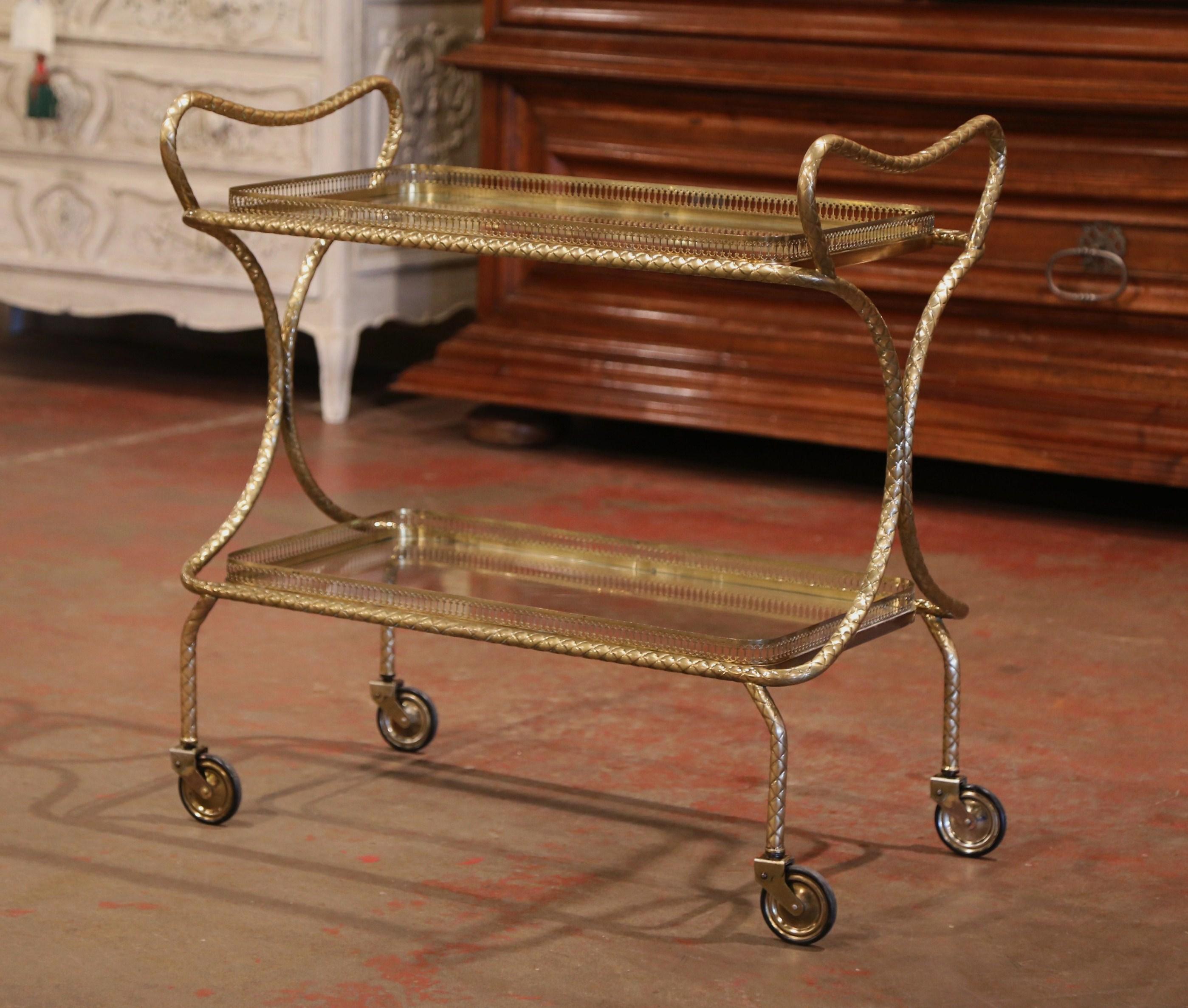 Hand-Crafted Early 20th Century French Brass Bar Cart on Wheels from Maison Jansen