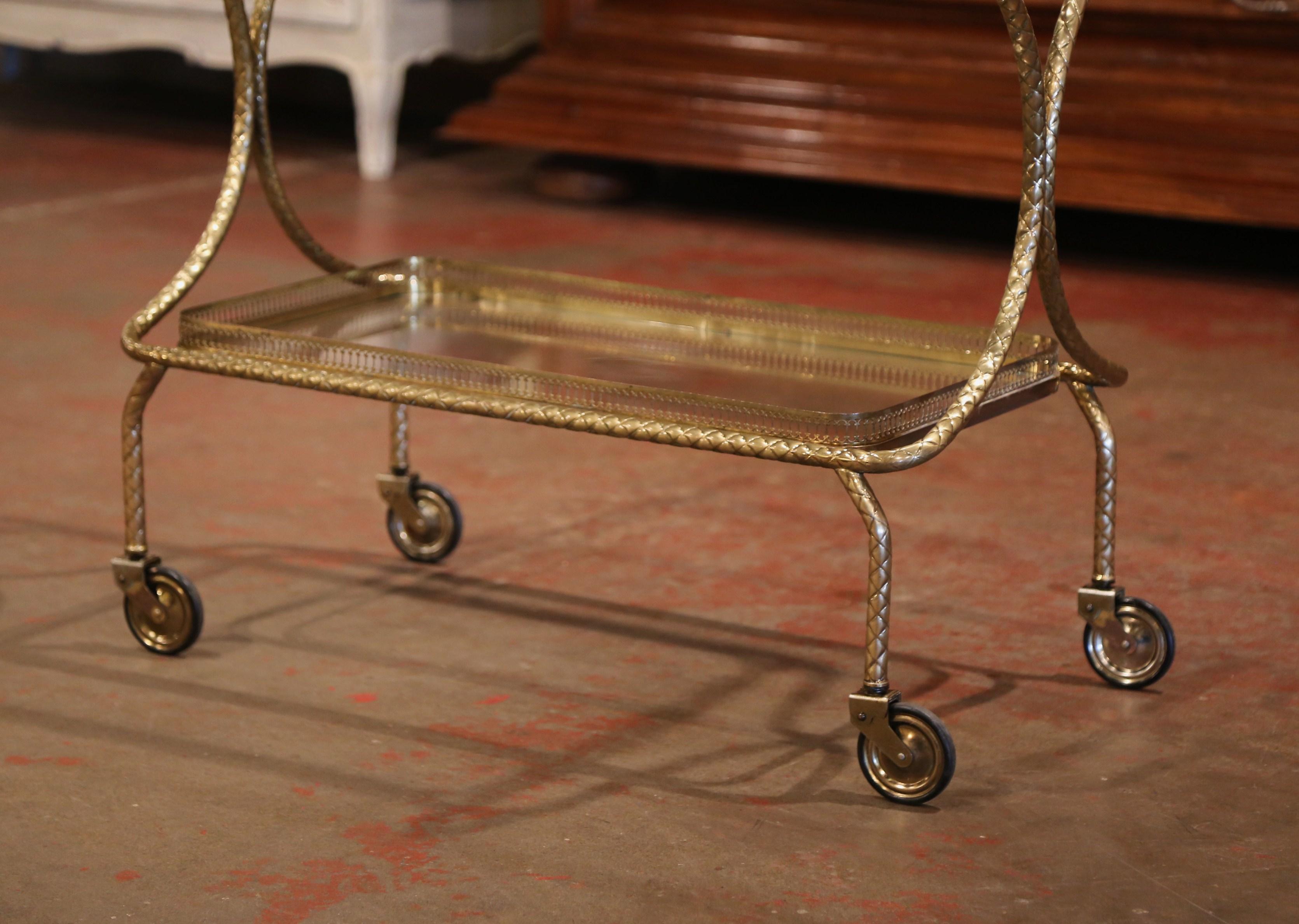 Early 20th Century French Brass Bar Cart on Wheels from Maison Jansen In Excellent Condition In Dallas, TX