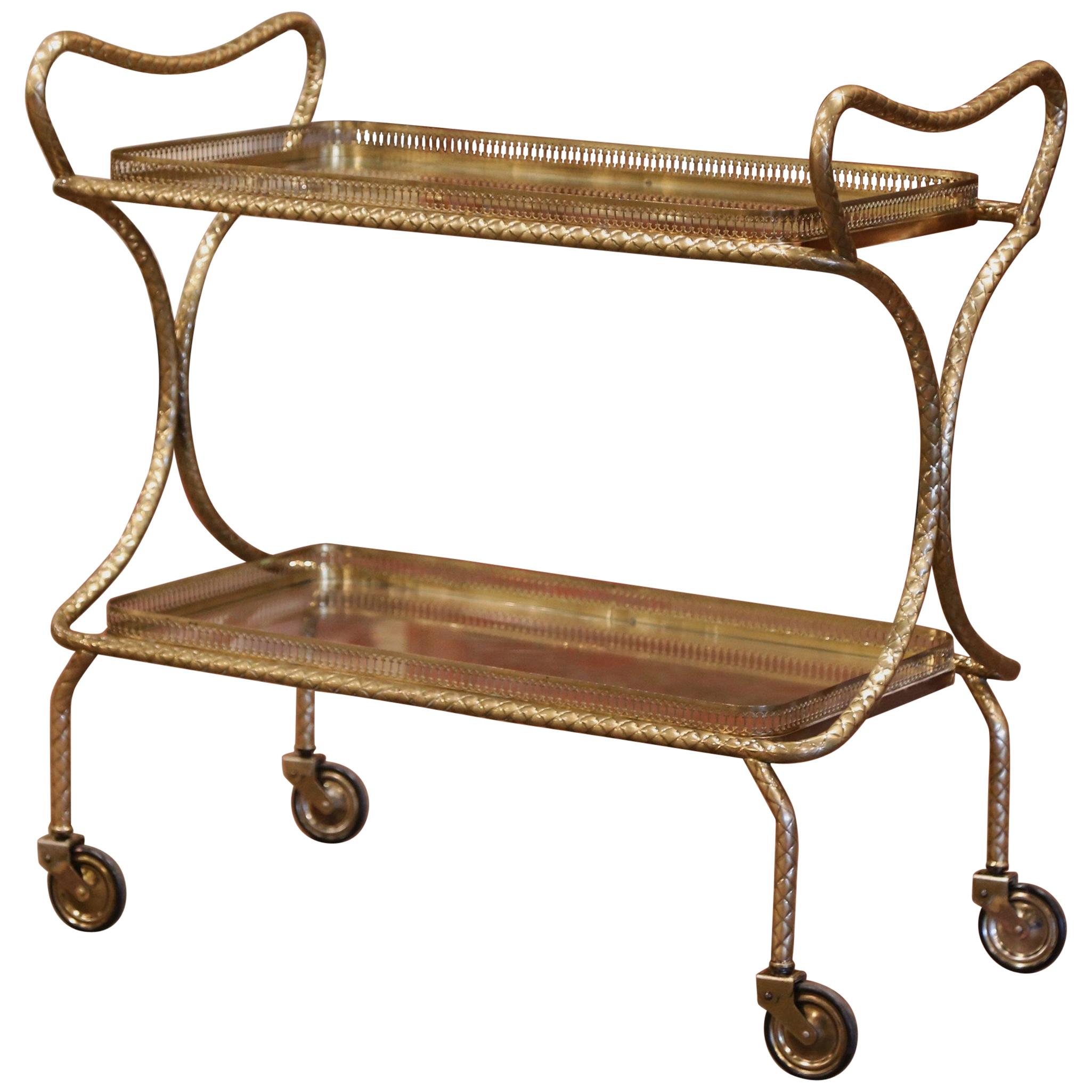 Early 20th Century French Brass Bar Cart on Wheels from Maison Jansen