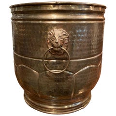 Early 20th Century French Brass Basket or Planter with Lion Head Handles